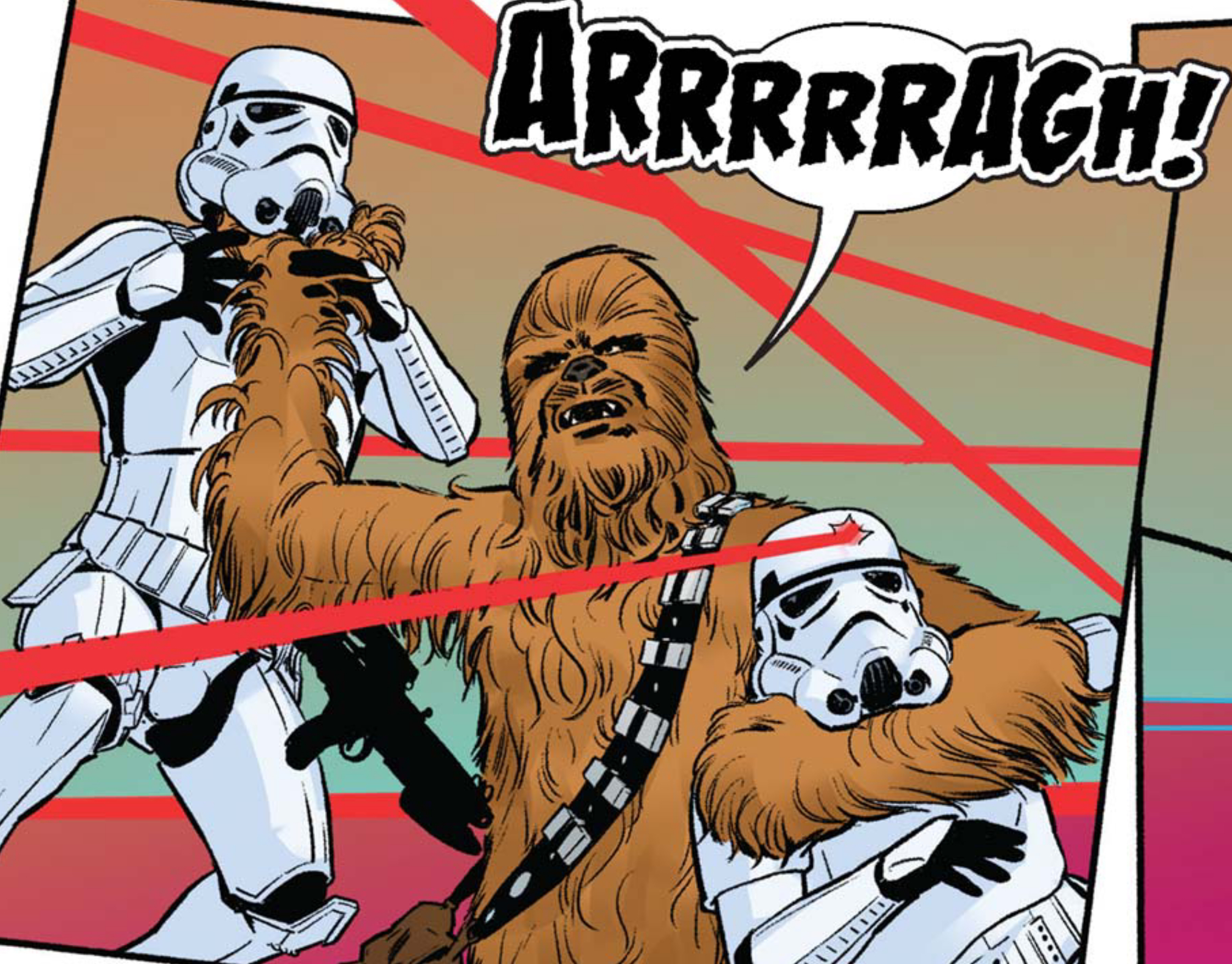 Chewbacca in a Star Wars comic panel: "Arrrrragh!"