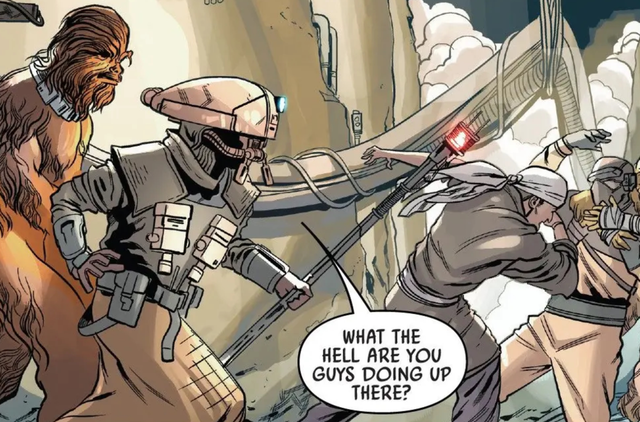 Chewbacca in a Star Wars comic panel: "What the hell are you guys doing up there?"