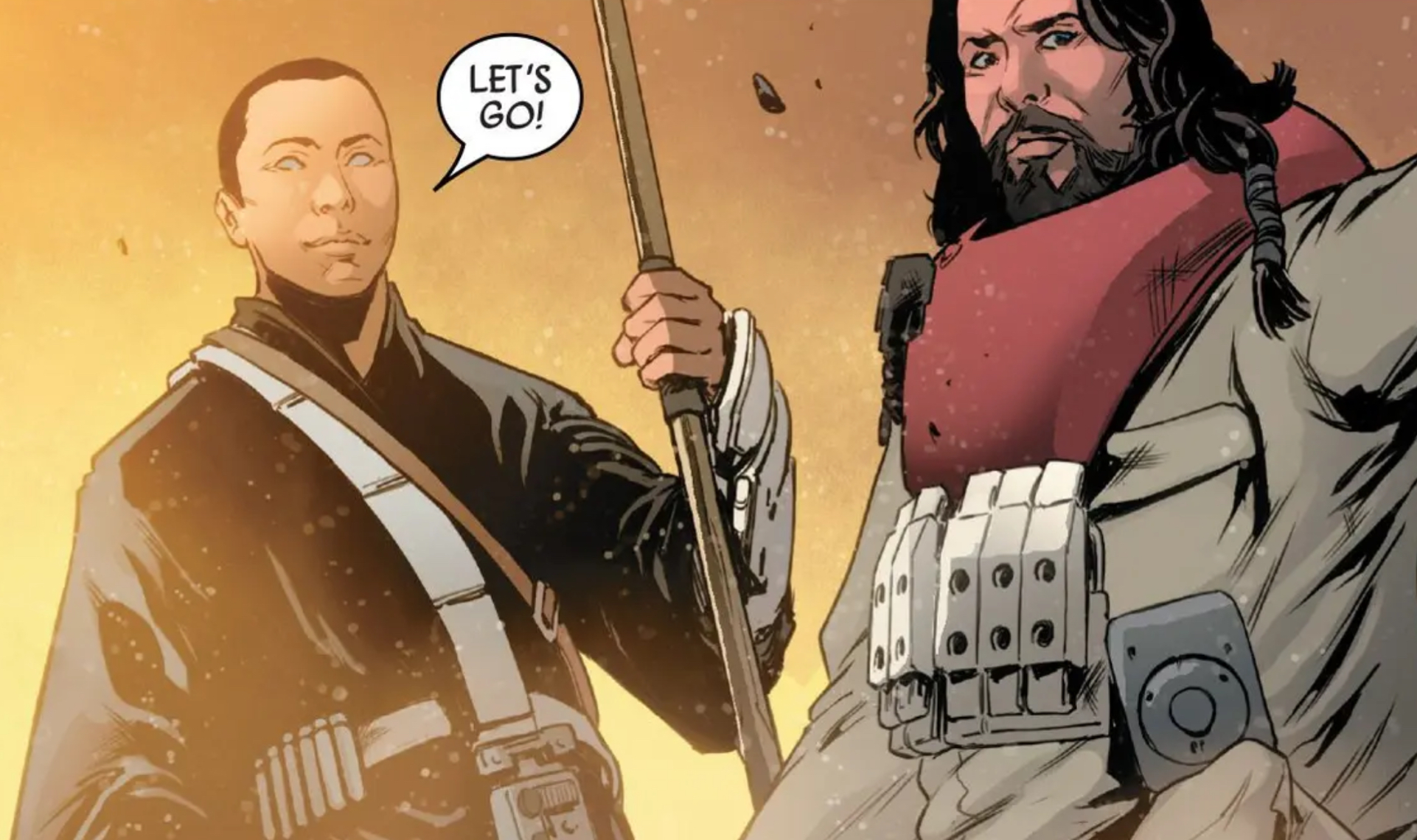 Chirrut Îmwe & Baze Malbus in a Star Wars comic panel: "Let's go!"