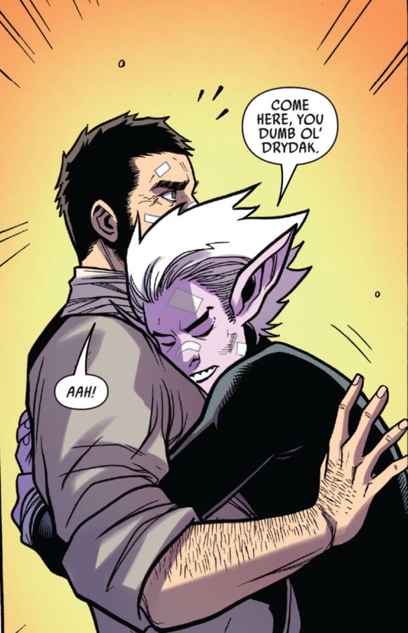 Zeen Mrala & Krix Kamerat in a Star Wars comic panel: "Come here, you dumb ol' drydak. Aah!"