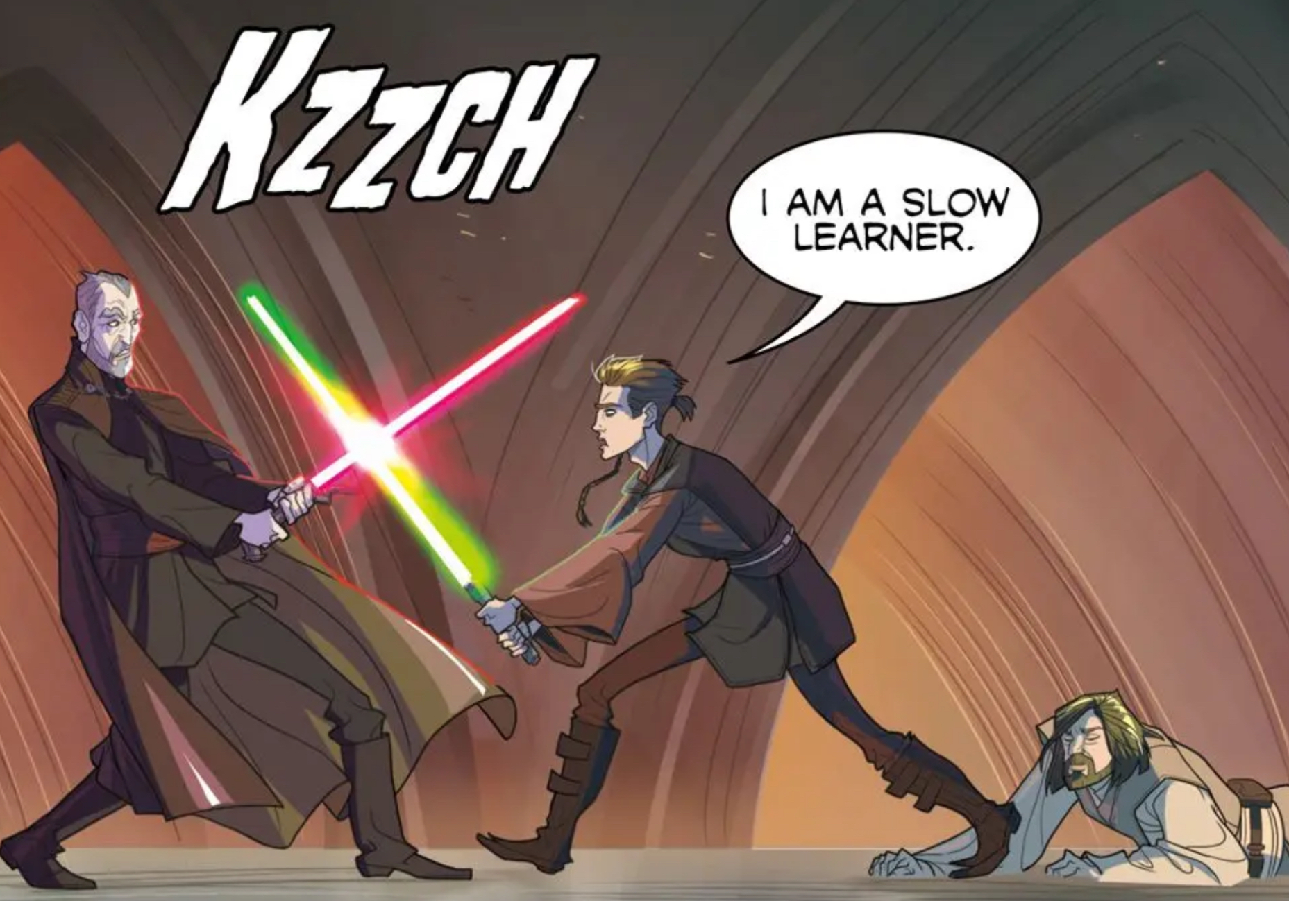 Count Dooku & Anakin Skywalker in a Star Wars comic panel: "I am a slow learner."