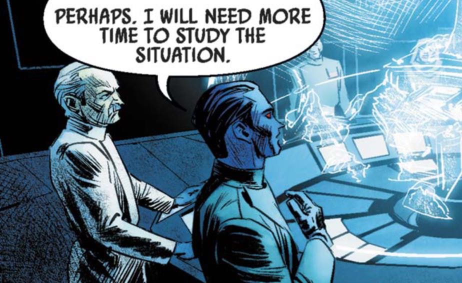 Grand Admiral Thrawn & Gilad Pellaeon in a Star Wars comic panel: "Perhaps. I will need more time to study the situation."