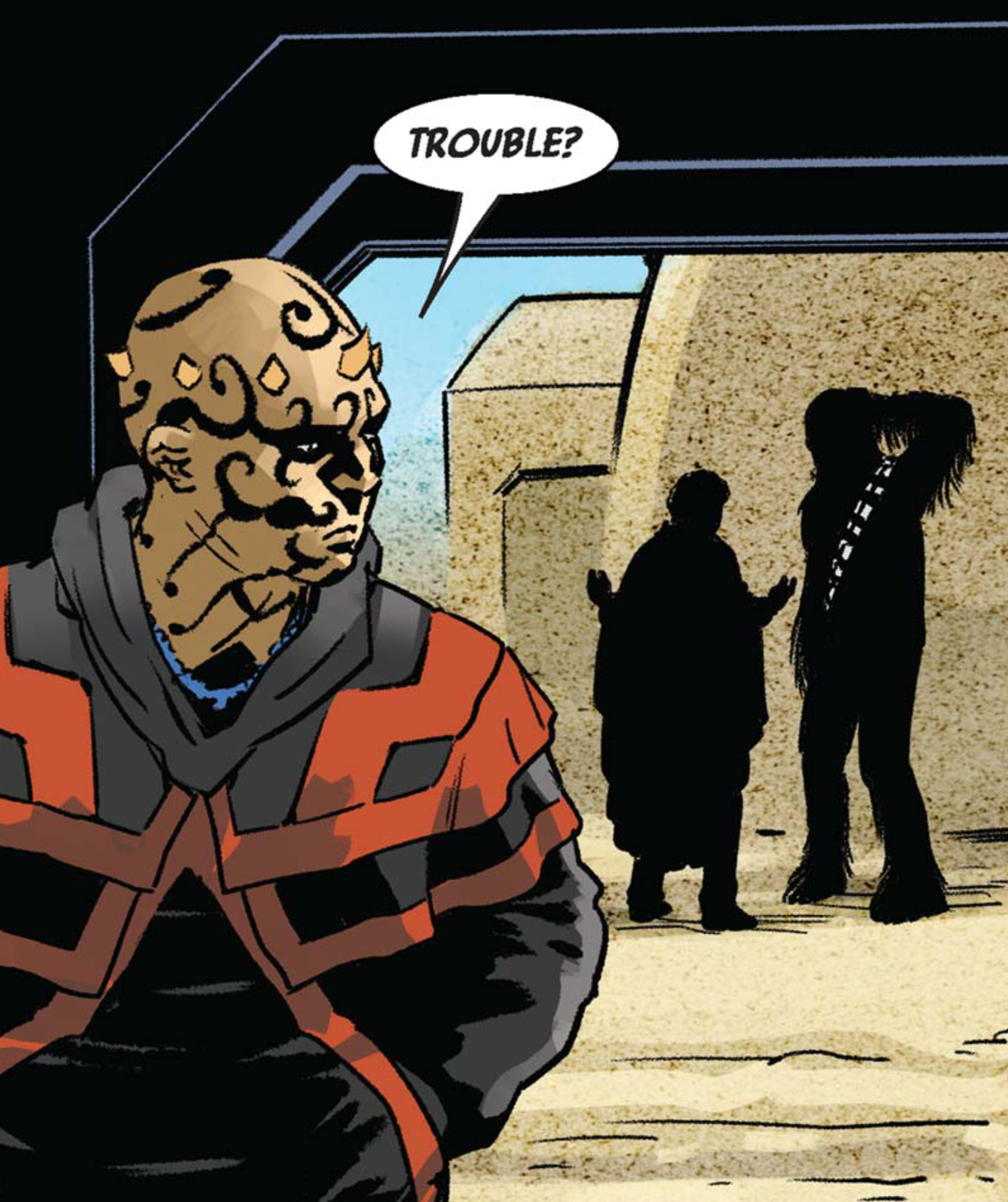 Chewbacca in a Star Wars comic panel: "Trouble?"
