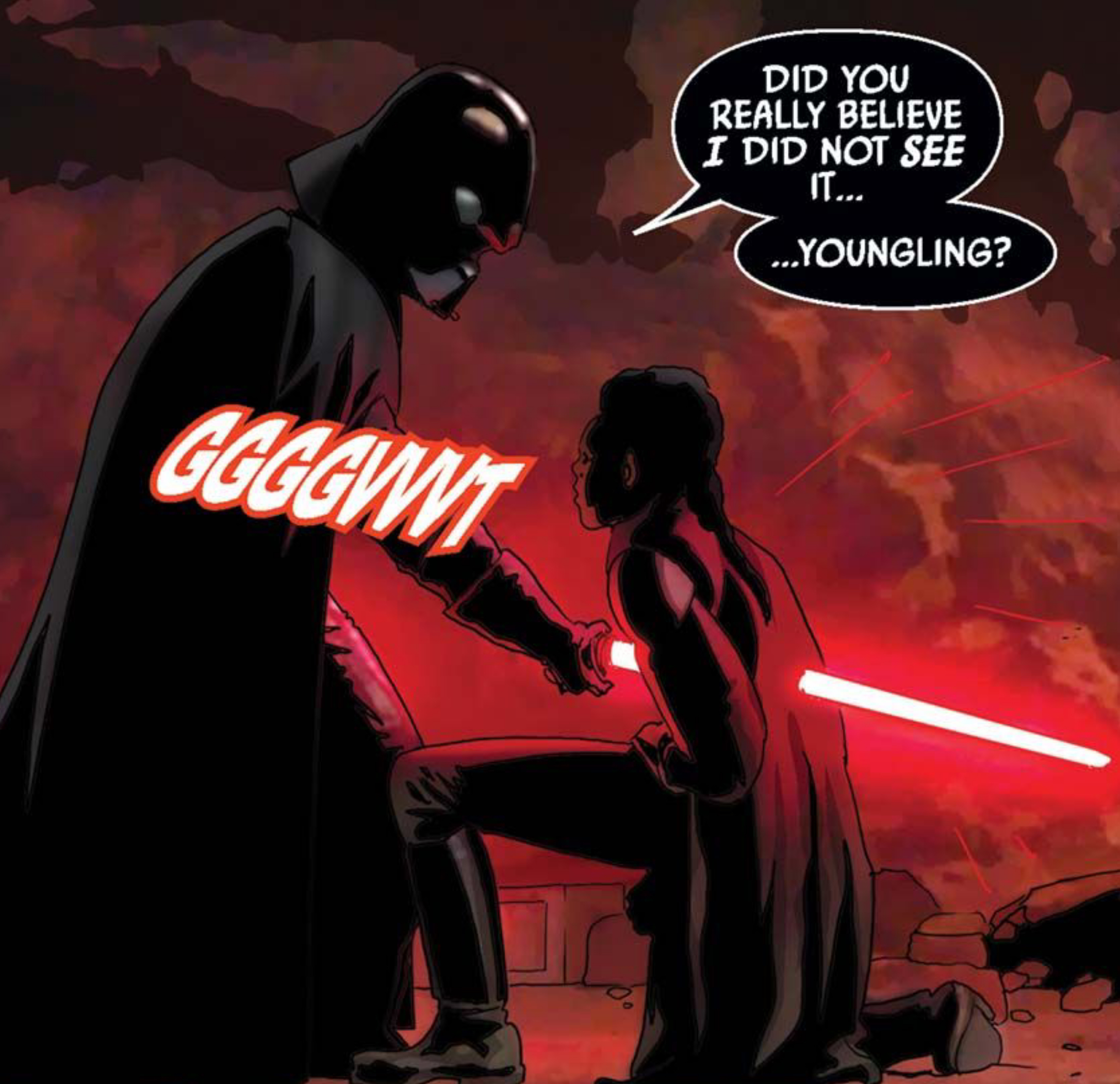 Darth Vader & Reva Sevander in a Star Wars comic panel: "Did you really believe I did not see it... ...youngling?"