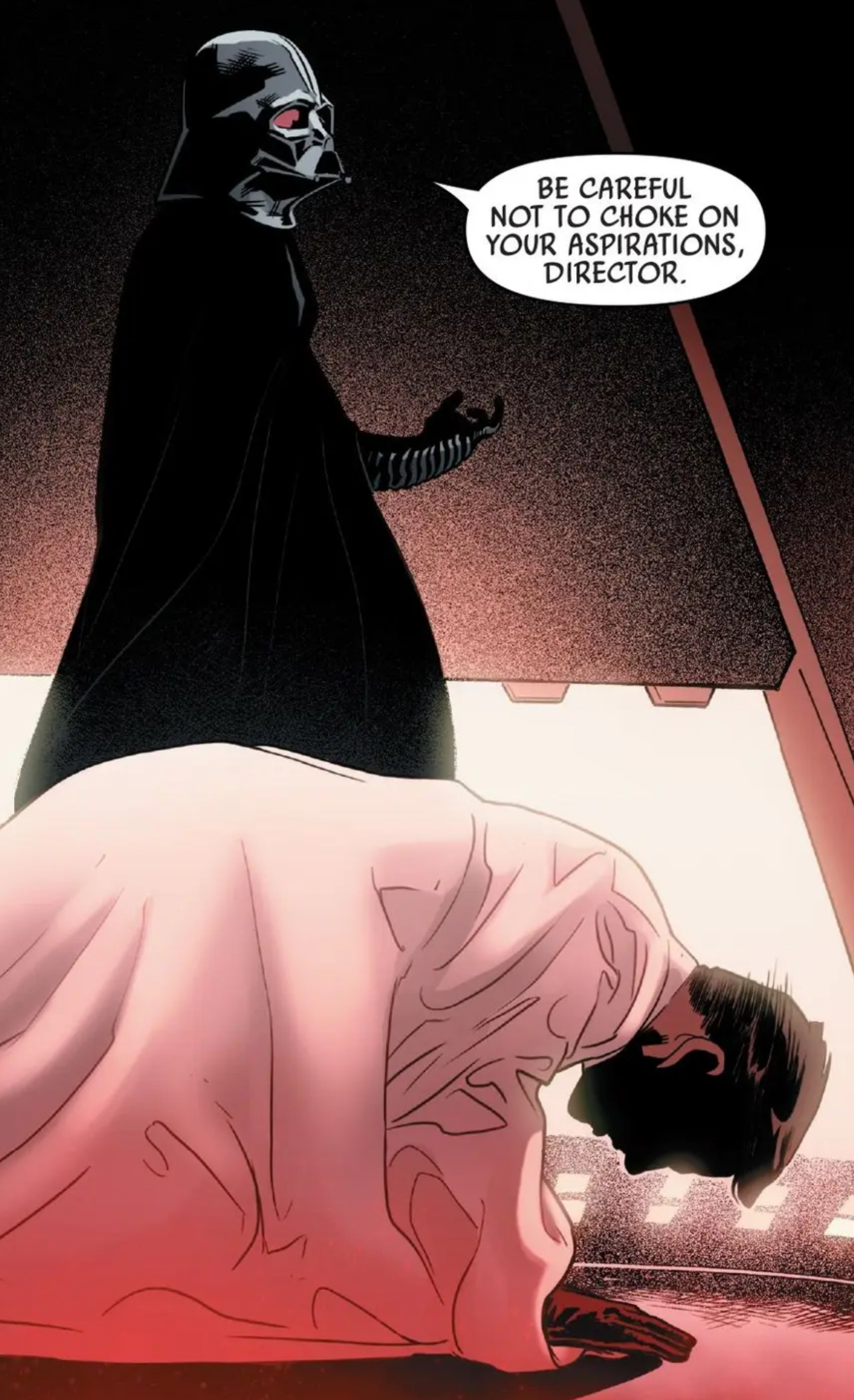 Darth Vader & Orson Krennic in a Star Wars comic panel: "Be careful not to choke on your aspirations, Director."