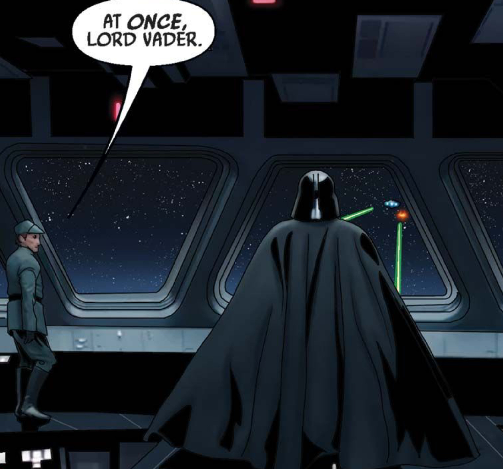 Darth Vader & Imperial Officer in a Star Wars comic panel: "At once, Lord Vader."