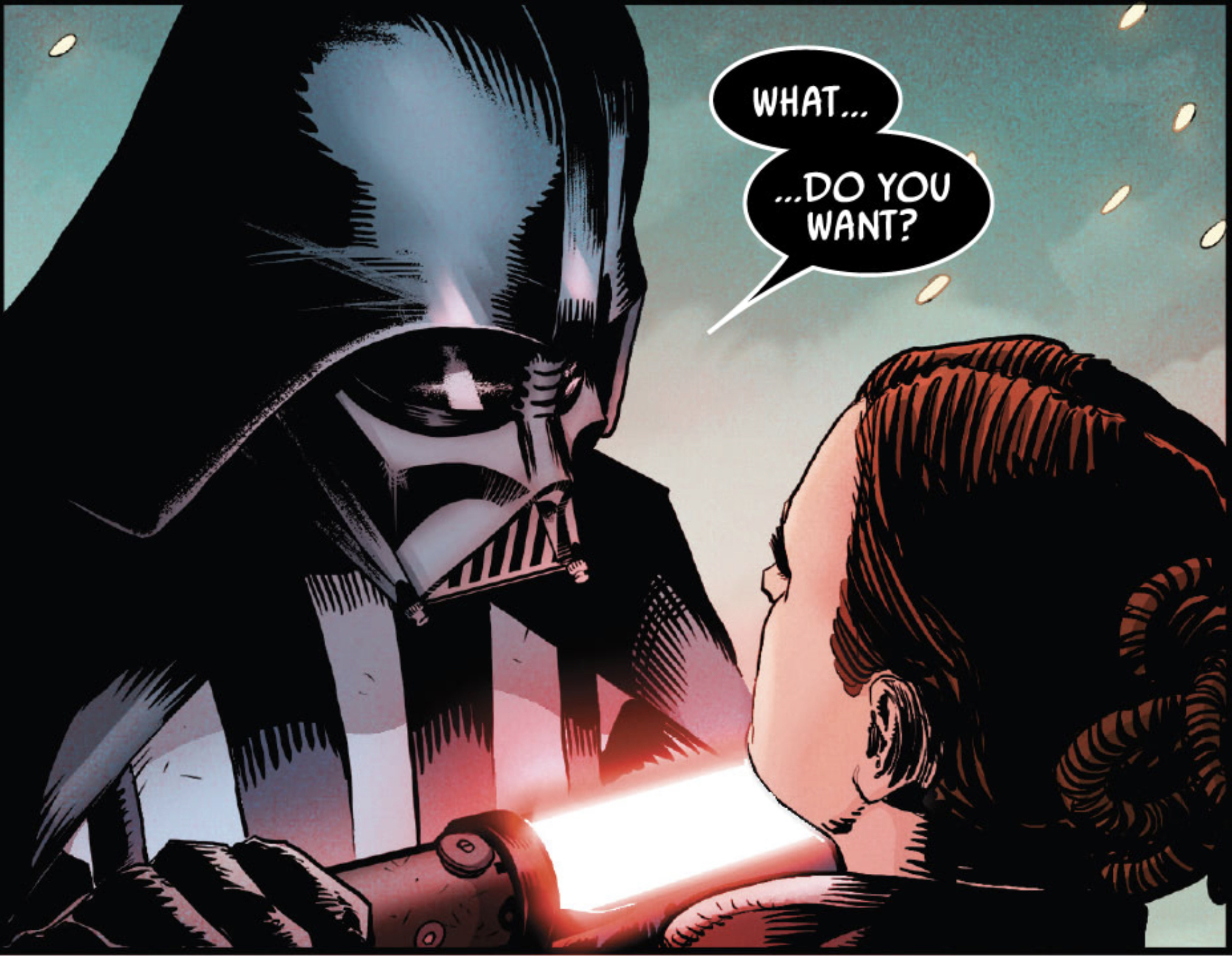 Darth Vader & Leia Organa in a Star Wars comic panel: "What... ...do you want?"