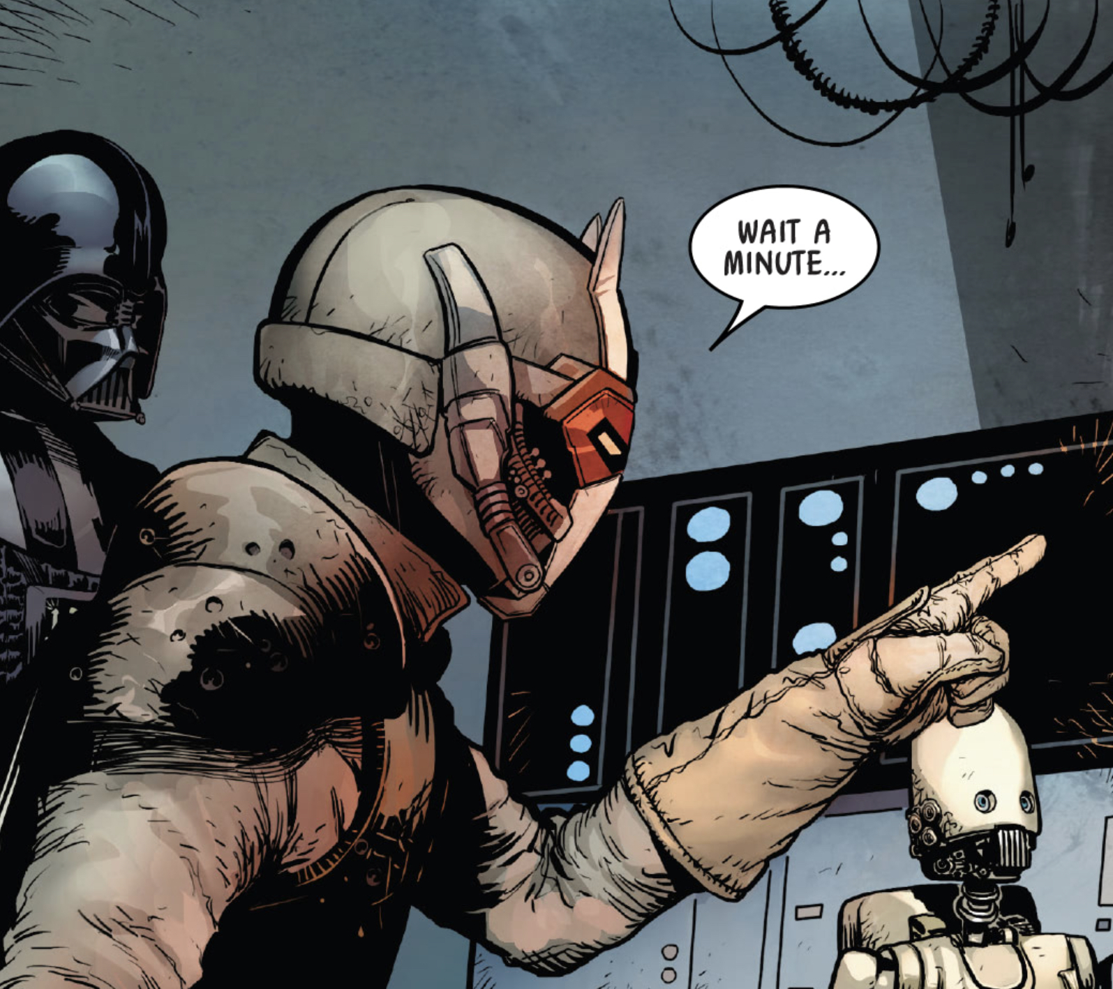 Darth Vader in a Star Wars comic panel: "Wait a minute..."