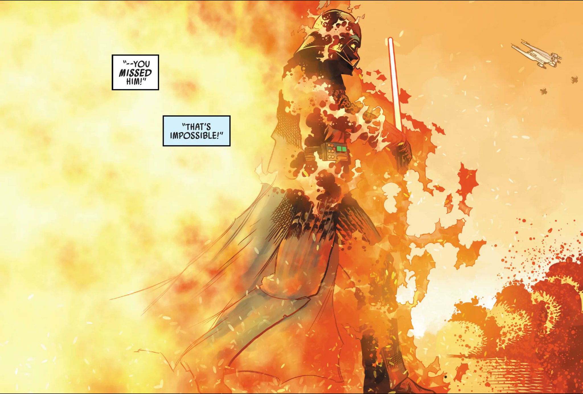 Darth Vader in a Star Wars comic panel: "--You missed him! That's impossible!"