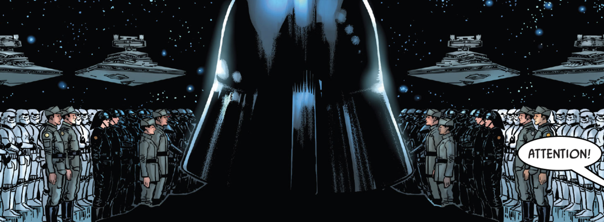 Darth Vader in a Star Wars comic panel: "Attention!"
