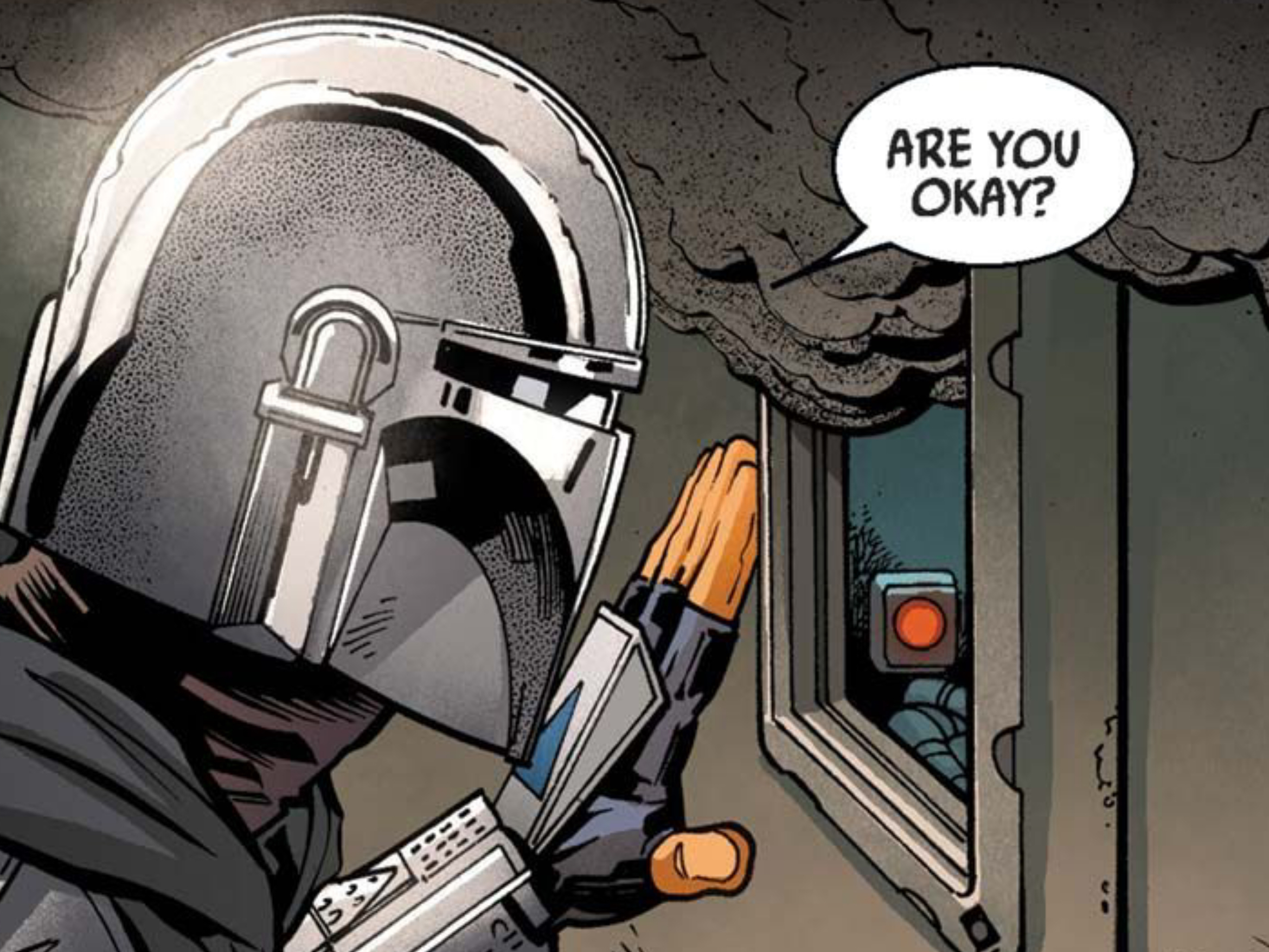 Din Djarin in a Star Wars comic panel: "Are you okay?"
