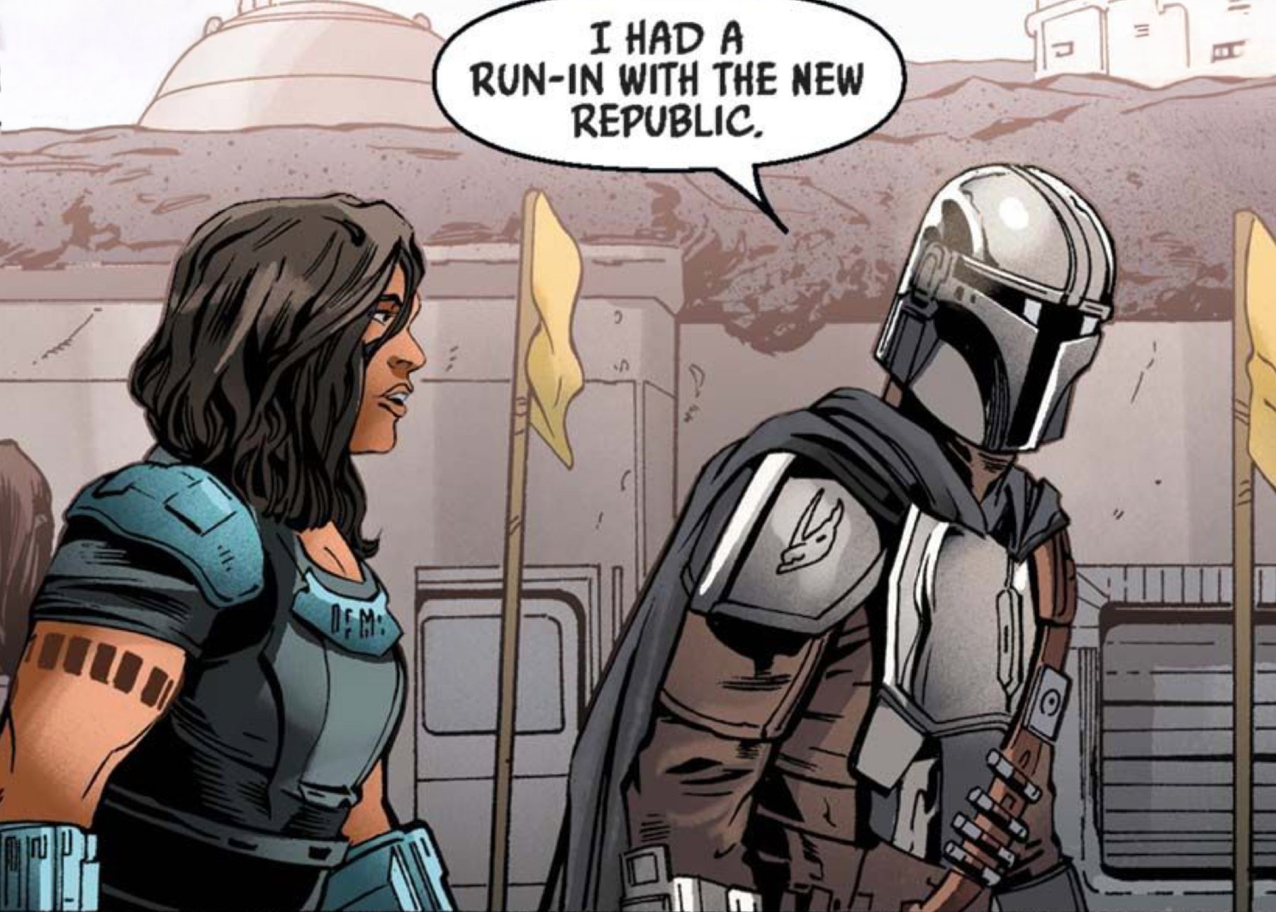 Cara Dune & Din Djarin in a Star Wars comic panel: "I had a run-in with the New Republic."