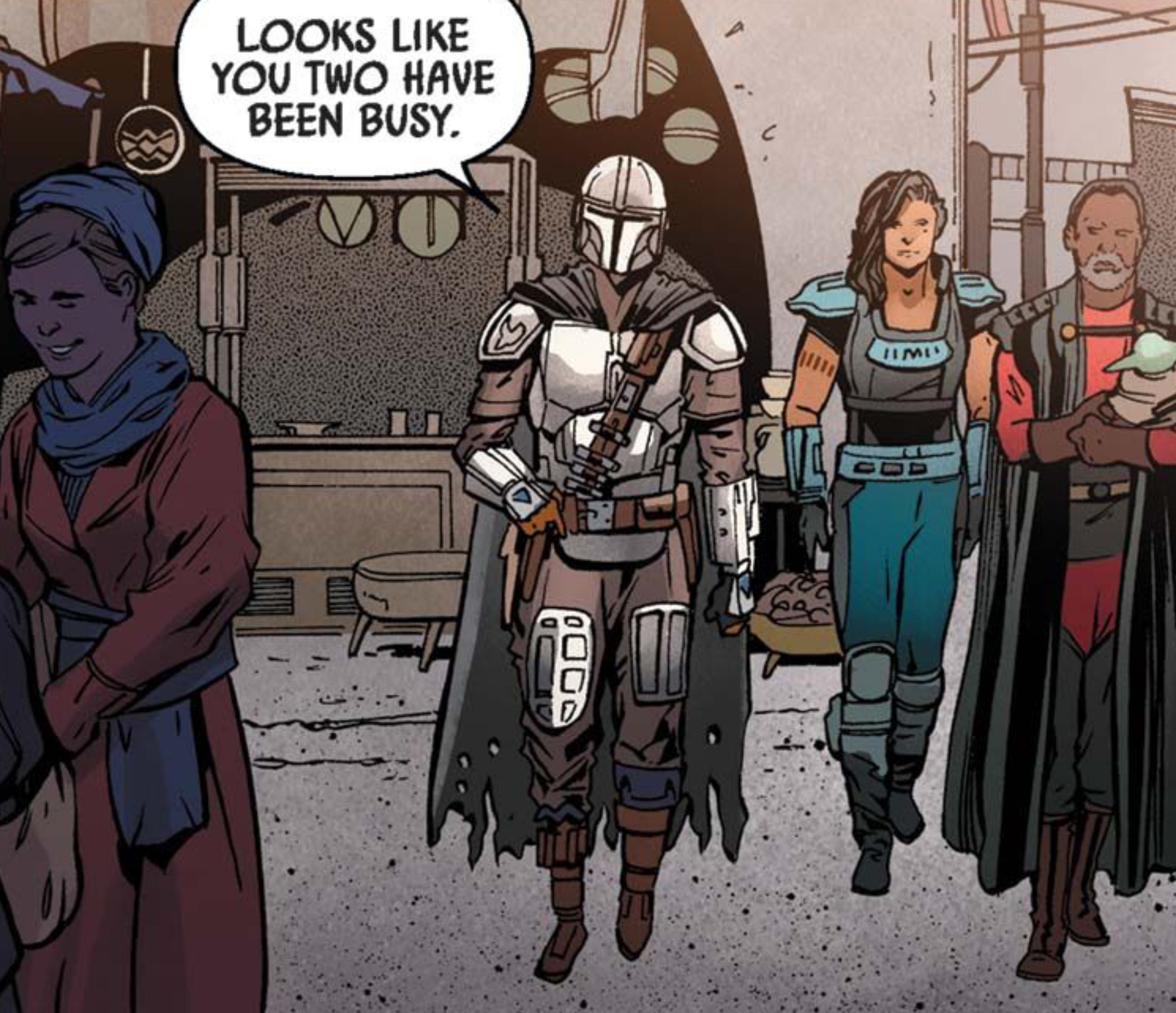 Din Djarin & Cara Dune in a Star Wars comic panel: "Looks like you two have been busy."