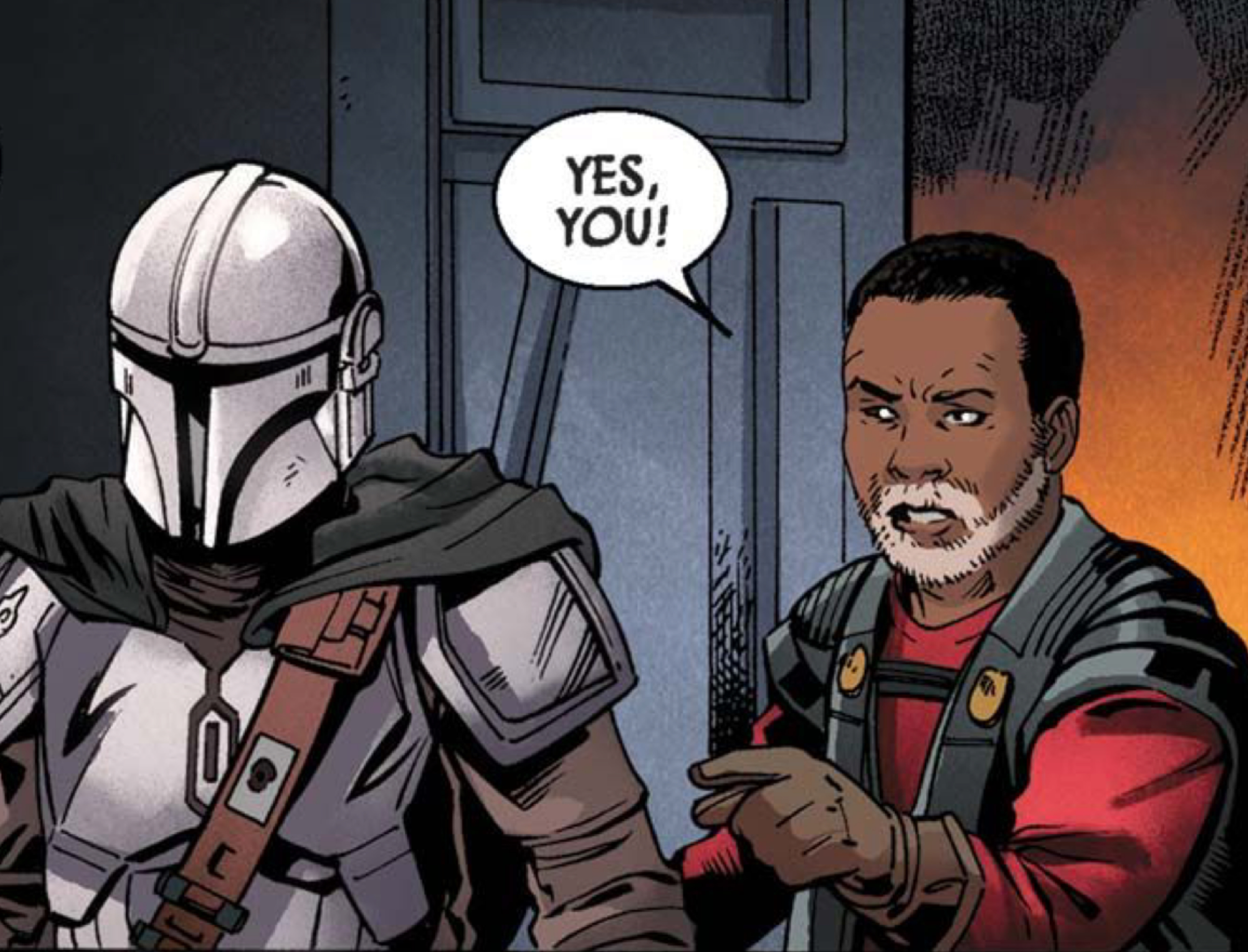 Din Djarin & Greef Karga in a Star Wars comic panel: "Yes, you!"