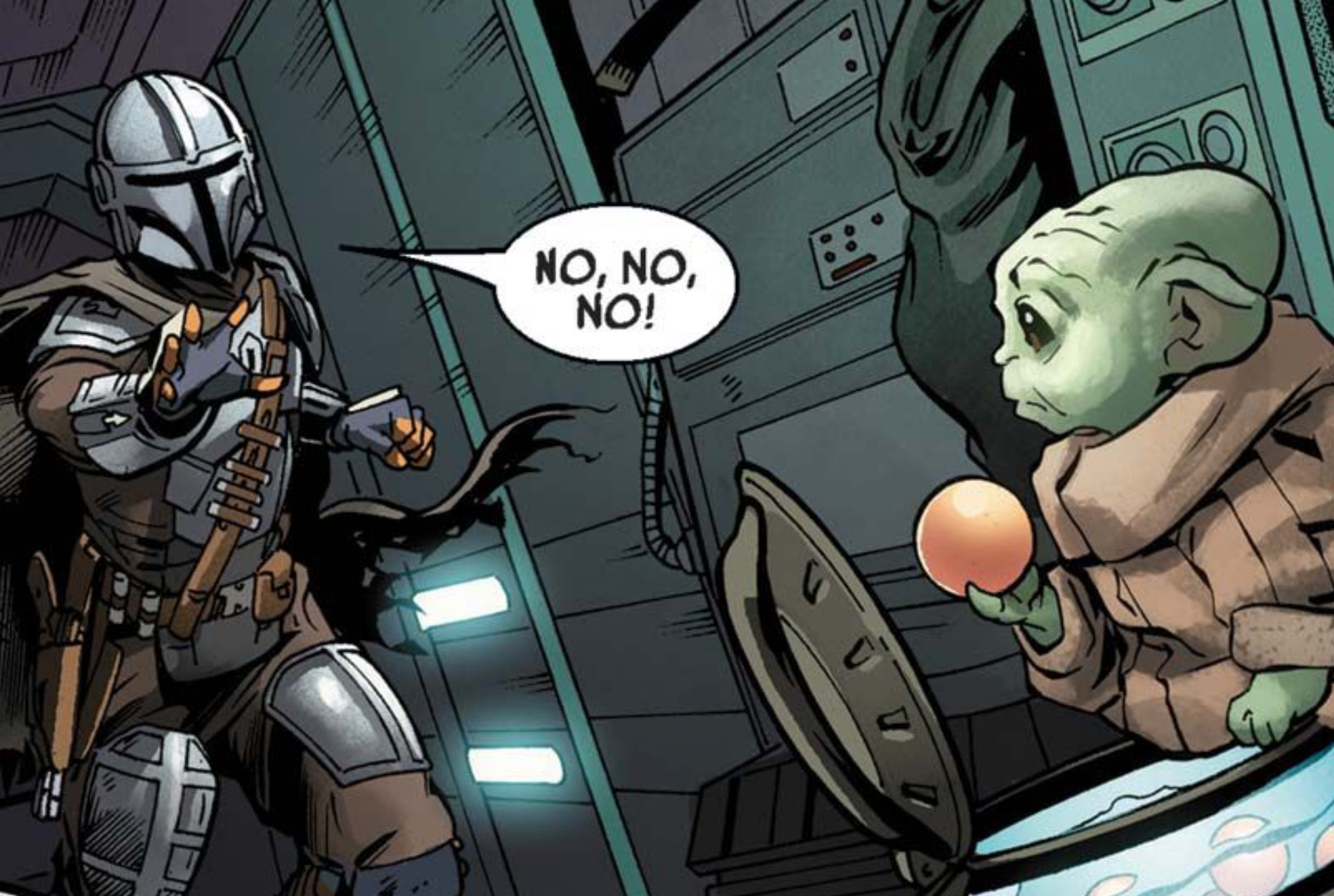 Din Djarin & Grogu in a Star Wars comic panel: "No, no, no!"