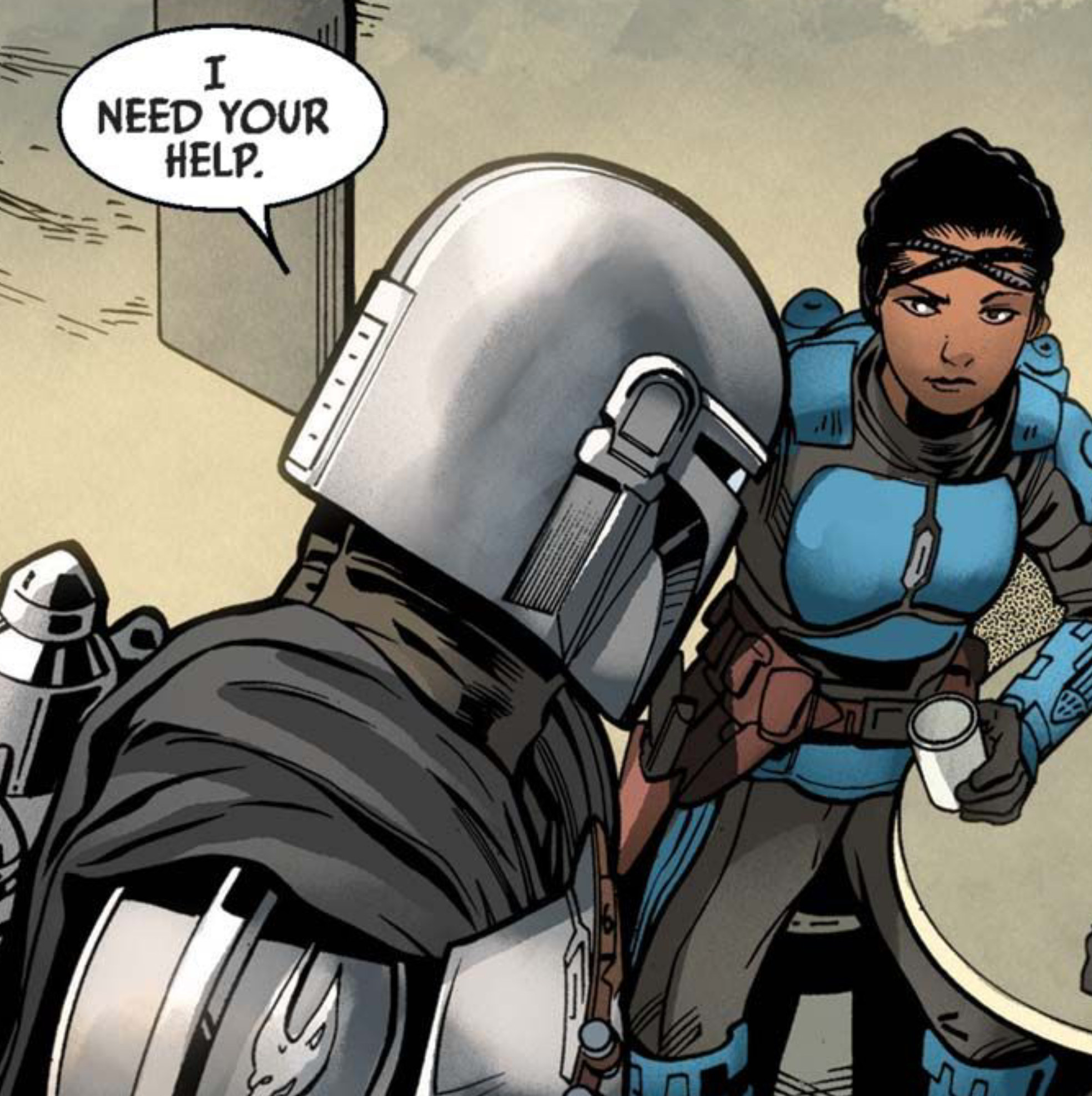 Din Djarin & Koska Reeves in a Star Wars comic panel: "I need your help."