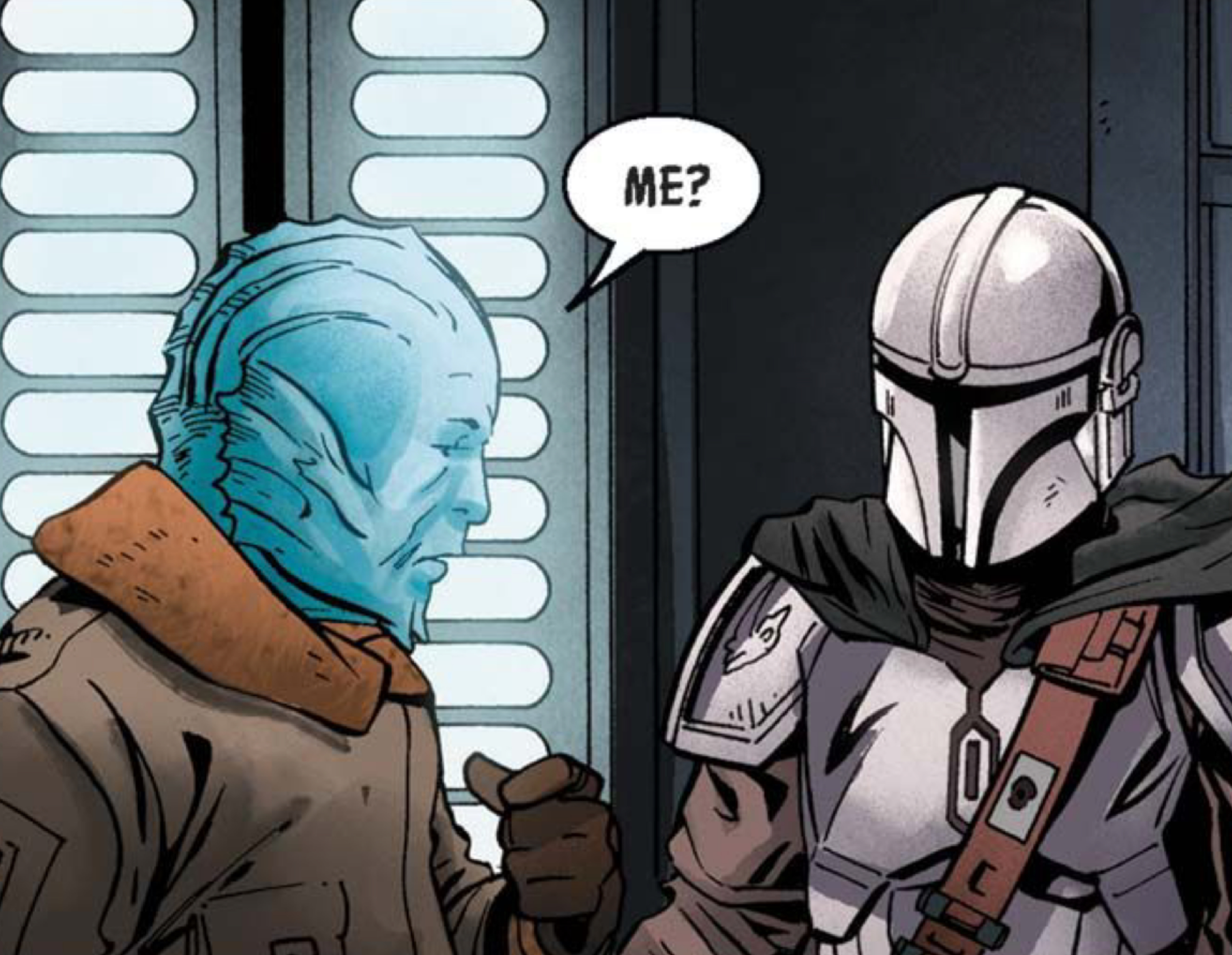 Mythrol & Din Djarin in a Star Wars comic panel: "Me?"