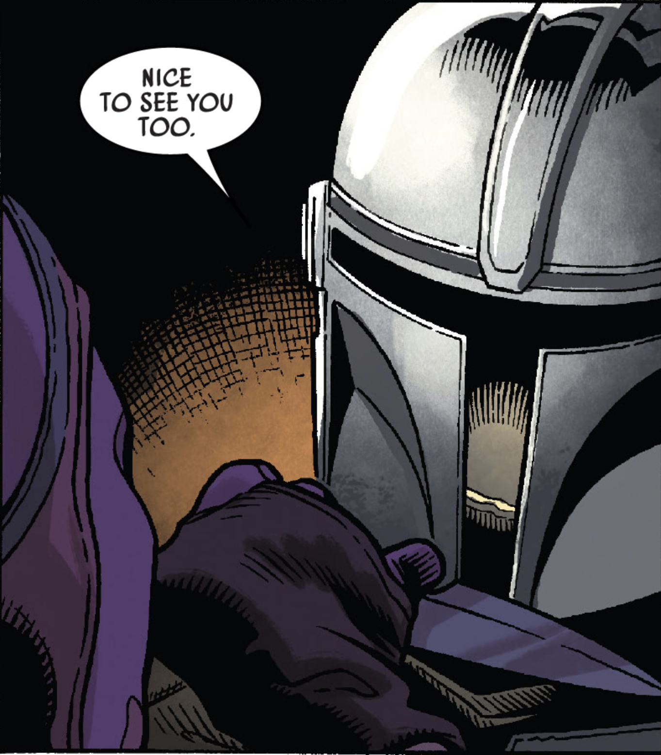 Din Djarin in a Star Wars comic panel: "Nice to see you too."