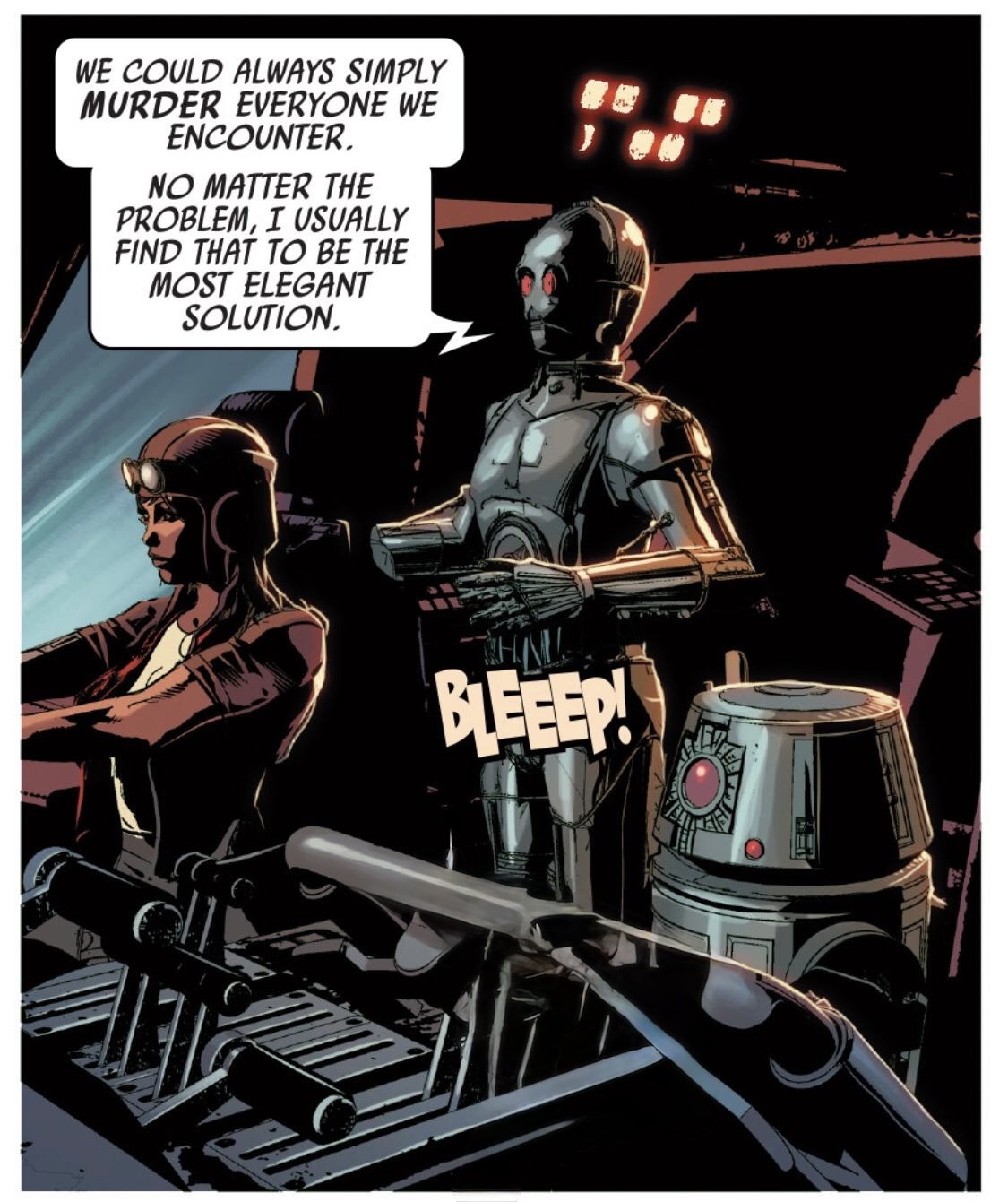 Doctor Aphra & 0-0-0 in a Star Wars comic panel: "We could always simply murder everyone we encounter. No matter the problem, I usually find that to be the most elegant solution."