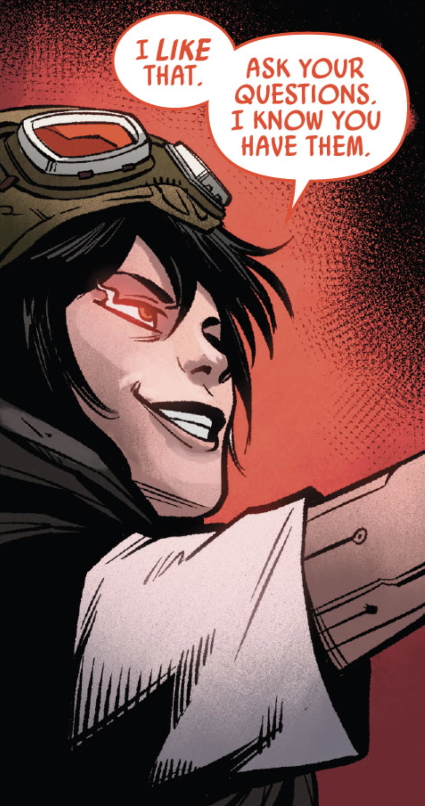 Doctor Aphra in a Star Wars comic panel: "I like that. Ask your questions. I know you have them."