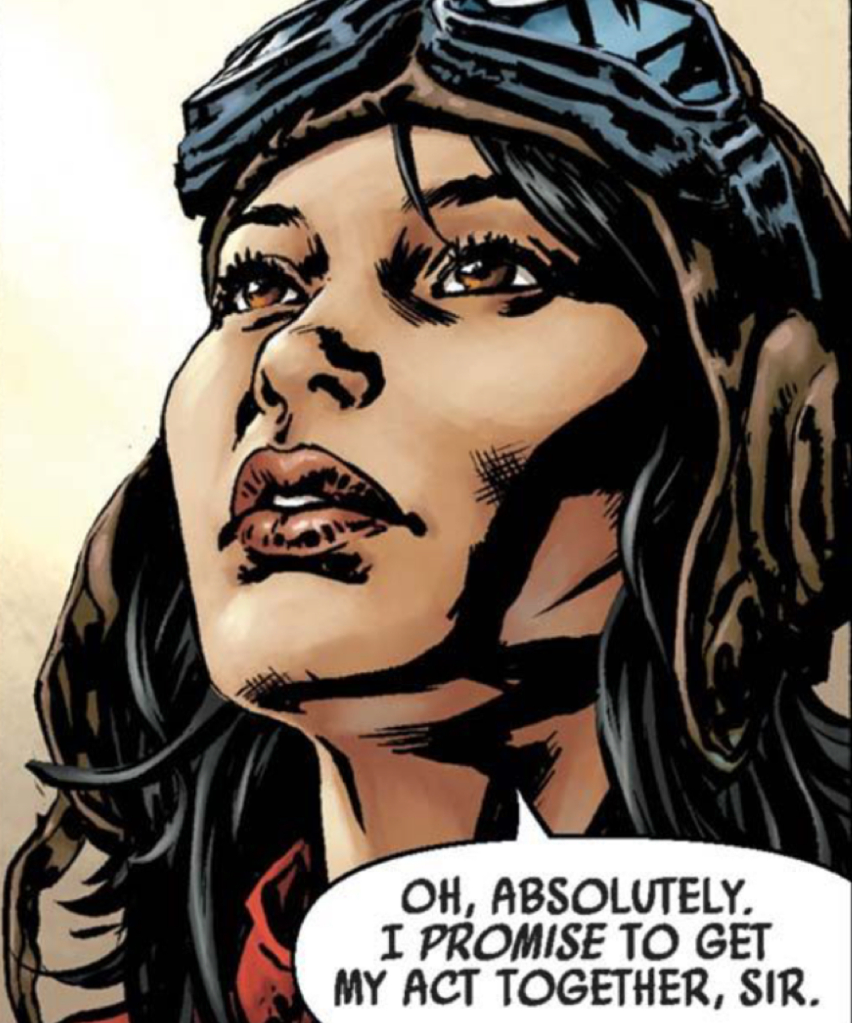 Doctor Aphra in a Star Wars comic panel: "Oh, absolutely. I promise to get my act together, sir."