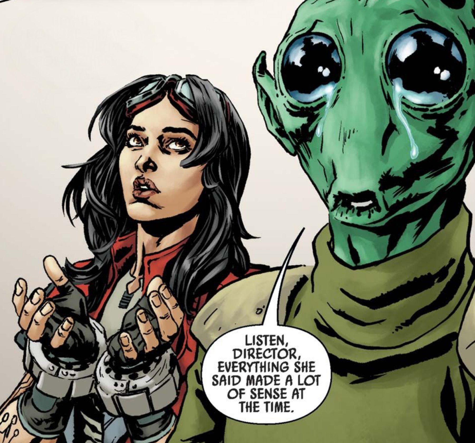 Doctor Aphra & Rodian in a Star Wars comic panel: "Listen director everything she said made a lot of sense at the time."