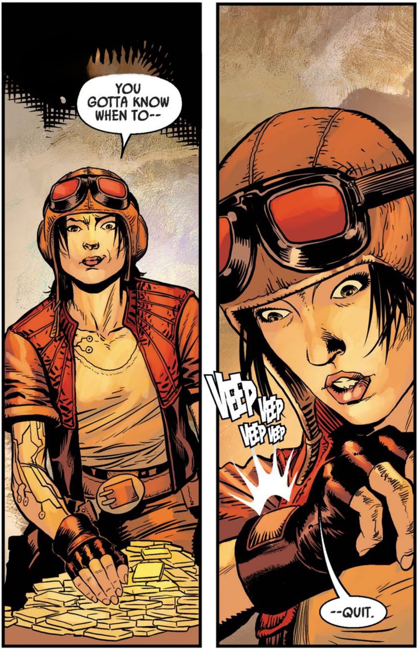 Doctor Aphra in a Star Wars comic panel: "You gotta know when to-- --quit."