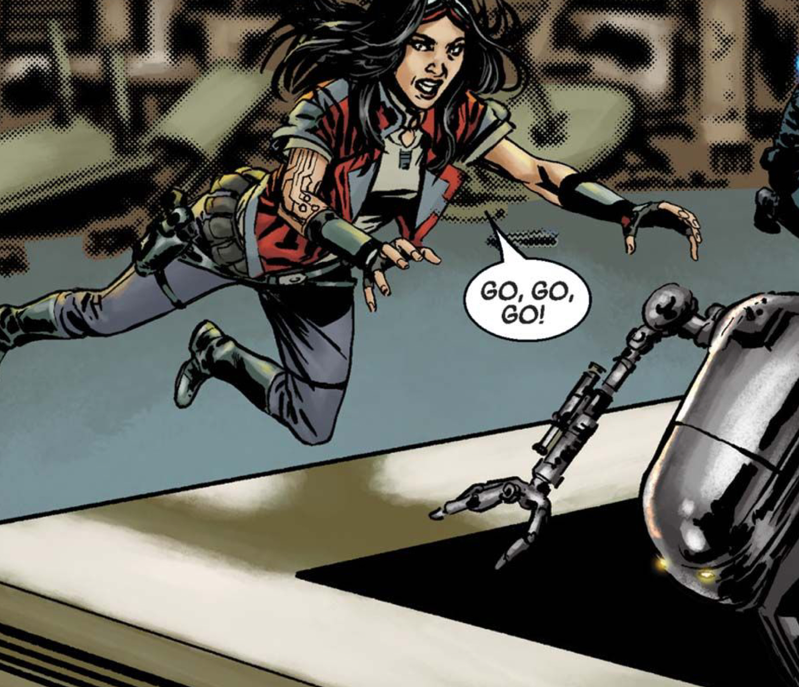 Doctor Aphra in a Star Wars comic panel: "Go, go, go!"