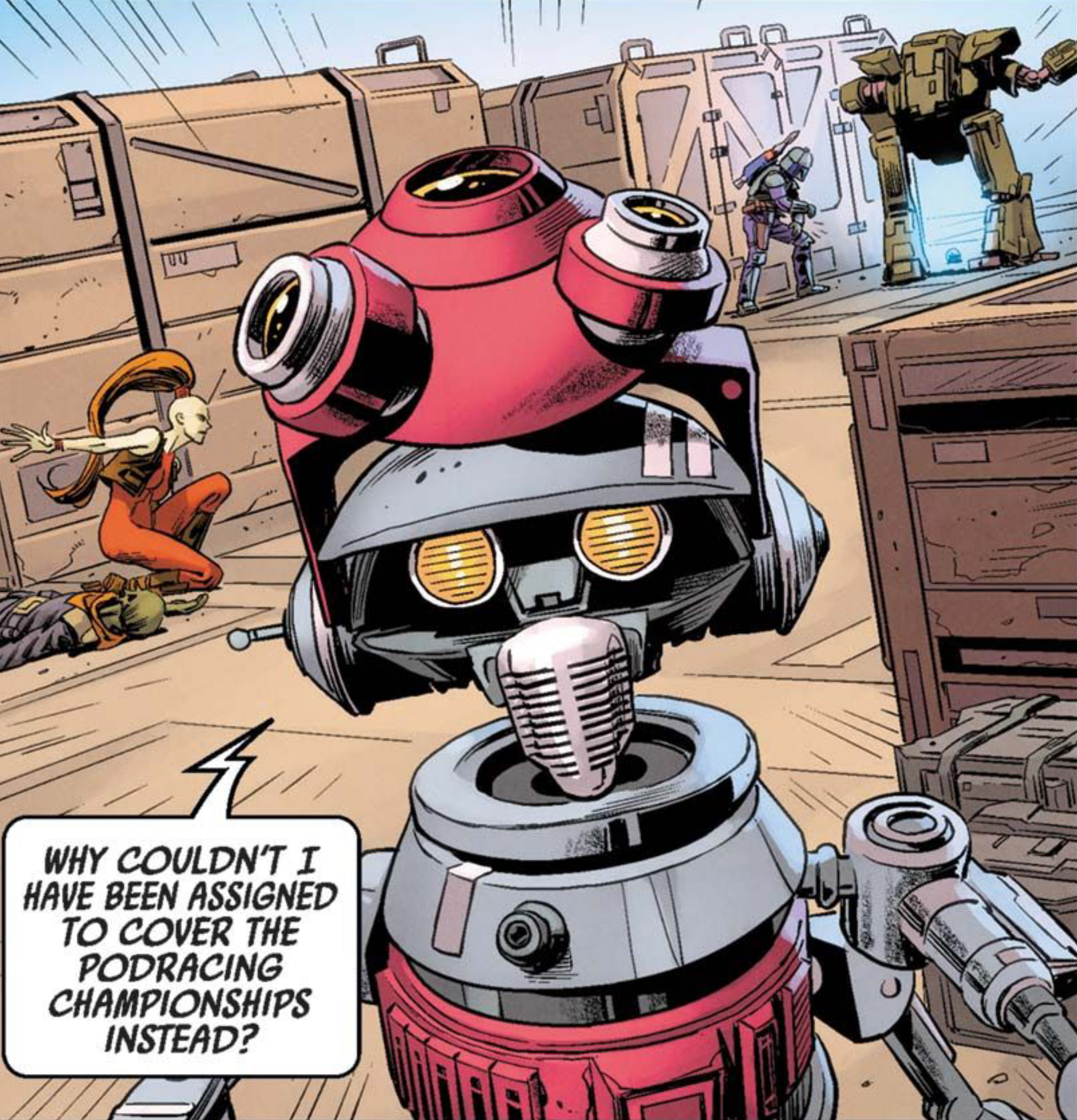 Aurra Sing in a Star Wars comic panel: "Why couldn't I have been assigned to cover the podracing championships instead?"