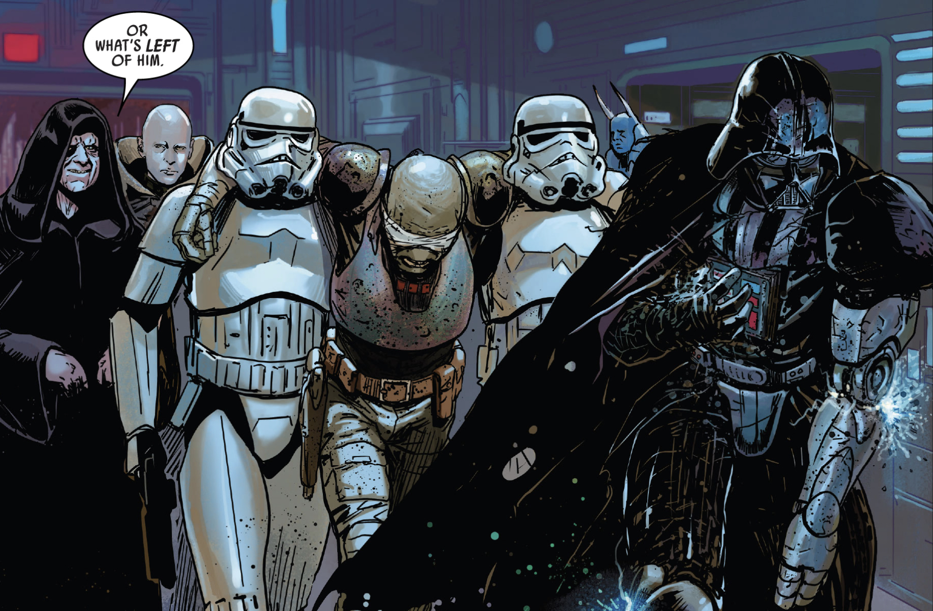 Sheev Palpatine & Sly Moore in a Star Wars comic panel: "Or what's left of him."