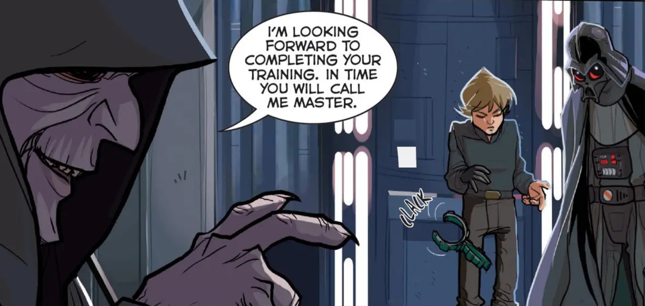 Emperor Palpatine & Luke Skywalker in a Star Wars comic panel: "I'm looking forward to completing your training. In time you will call me master."