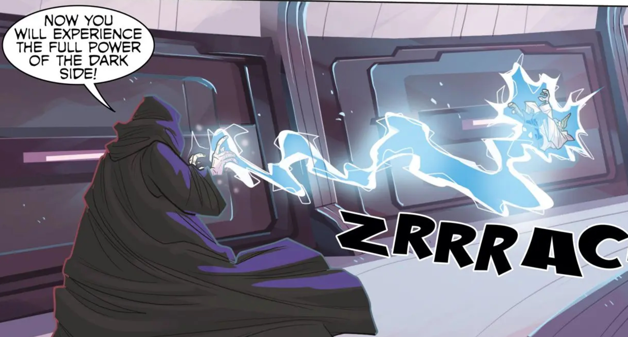 Emperor Palpatine & Yoda in a Star Wars comic panel: "Now you will experience the full power of the dark side!"