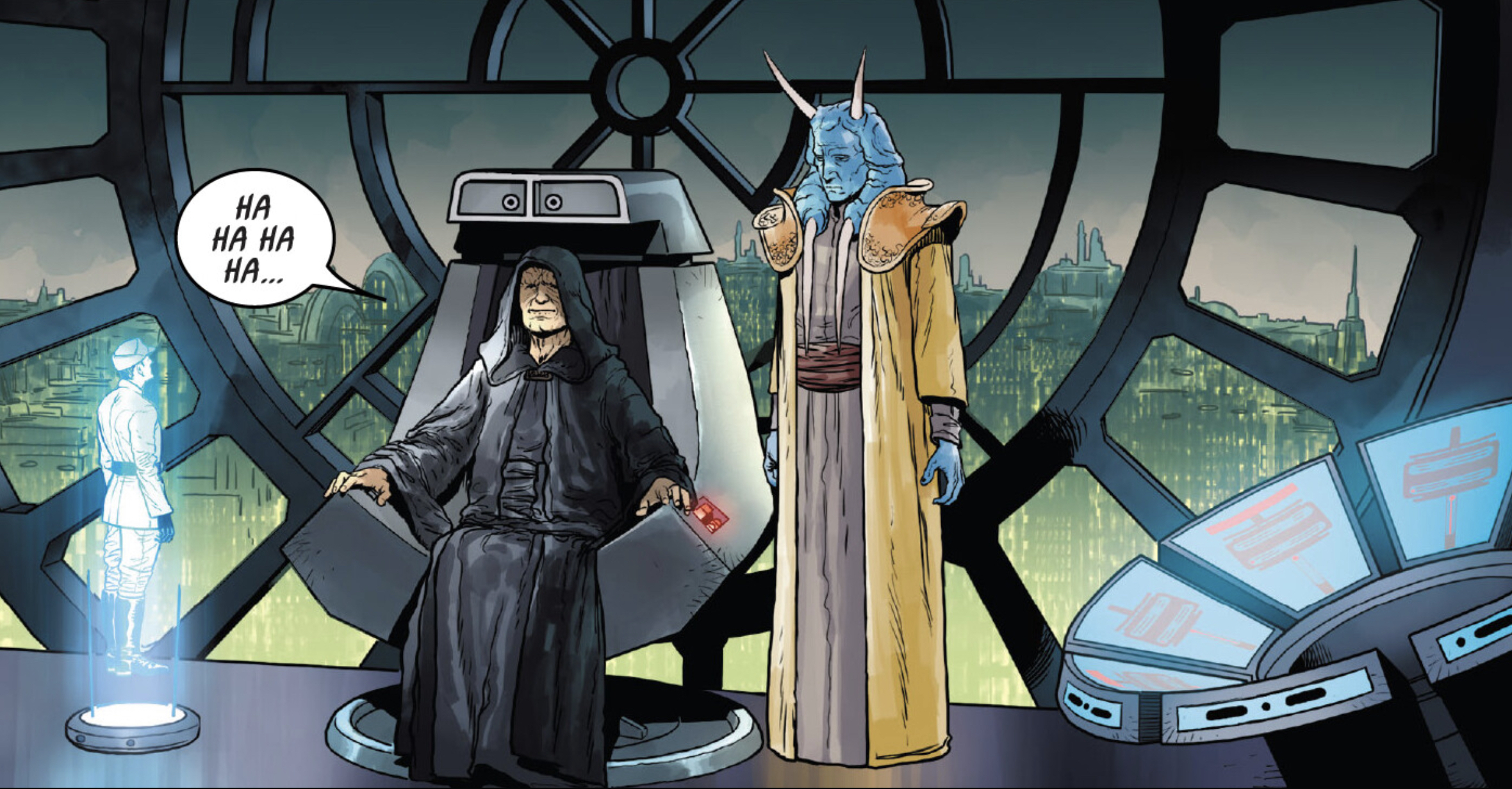 Emperor Palpatine & Mas Amedda in a Star Wars comic panel: "Ha ha ha ha..."