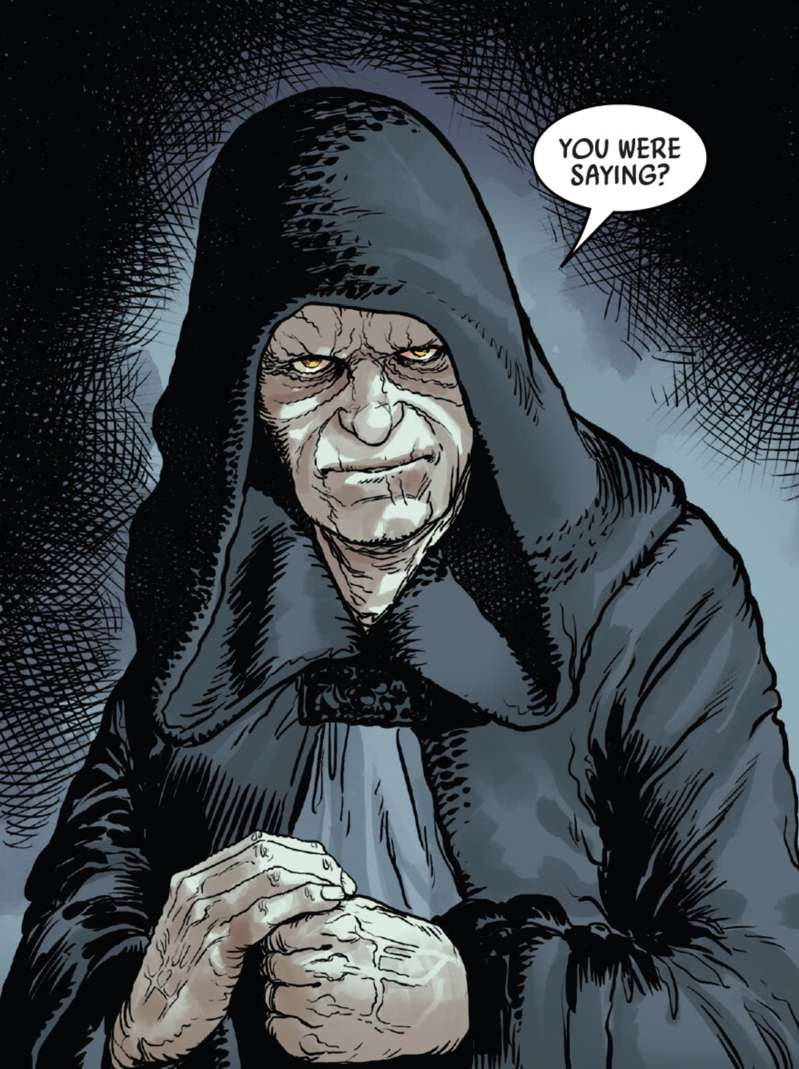 Emperor Palpatine in a Star Wars comic panel: "You were saying?"