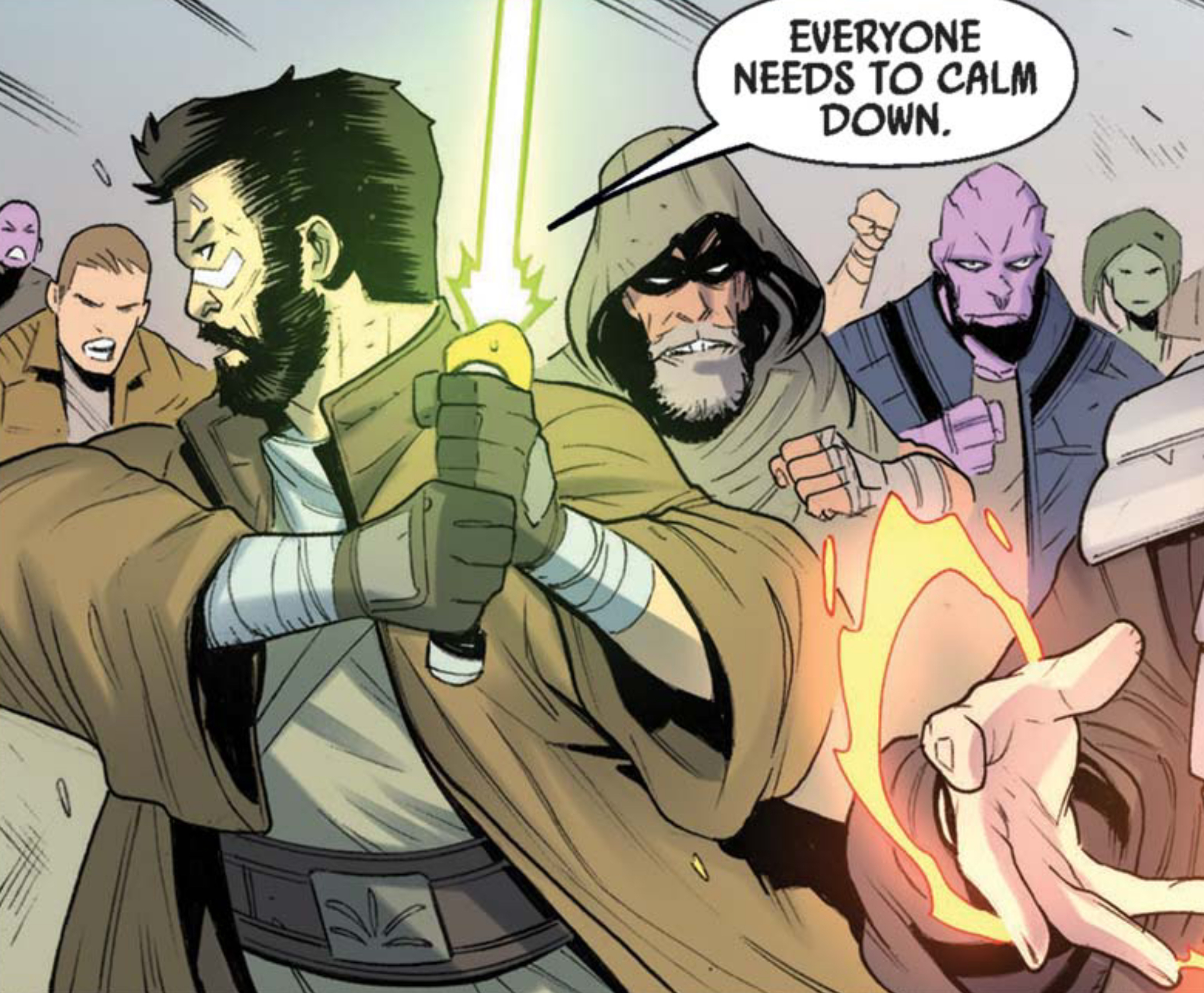 Marchion Ro in a Star Wars comic panel: "Everyone needs to calm down."