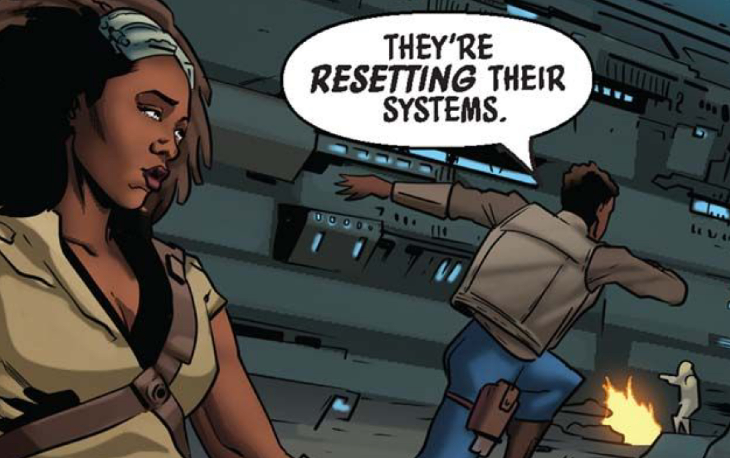 Sana Starros & Han Solo in a Star Wars comic panel: "They're resetting their systems."