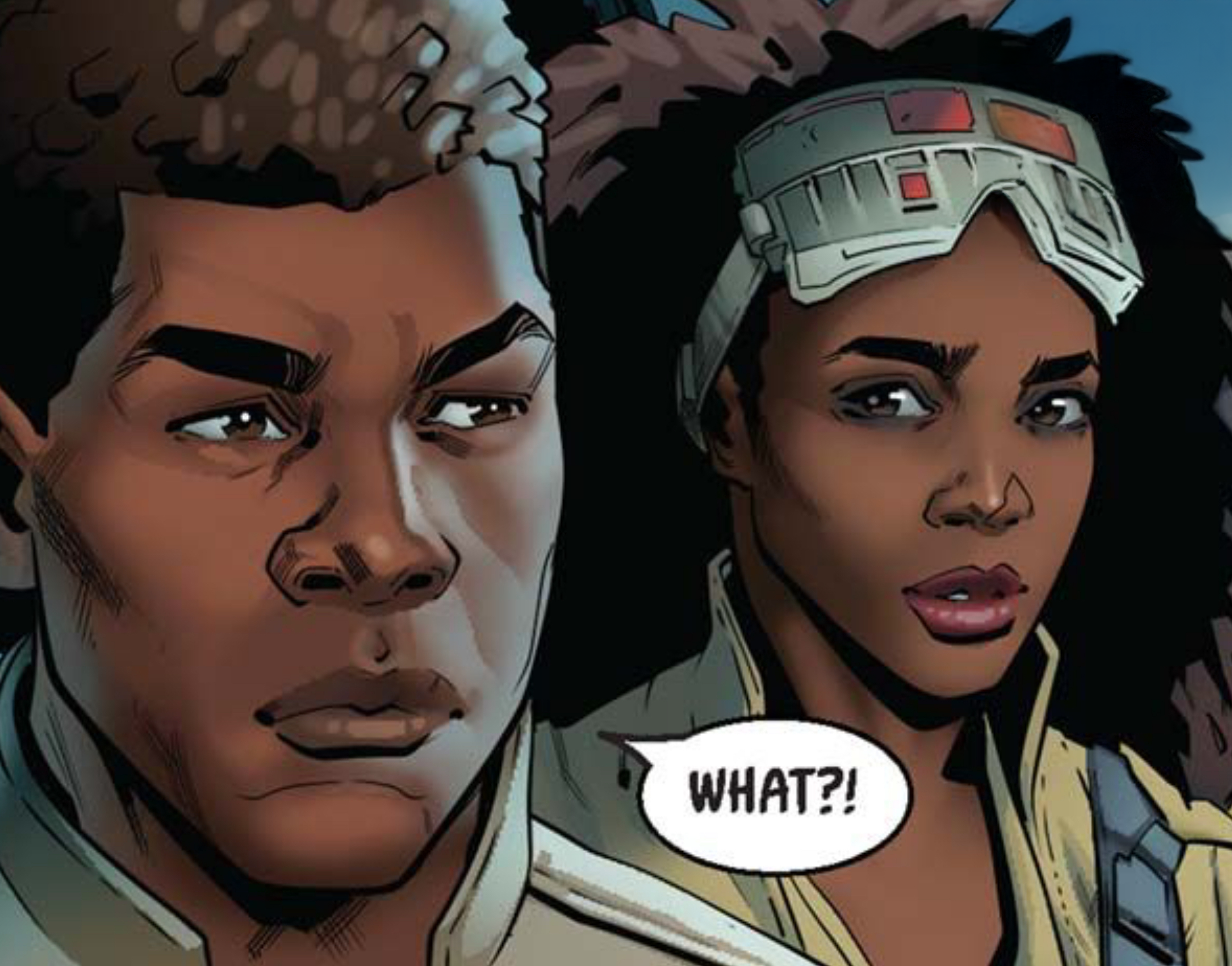 Finn & Jannah in a Star Wars comic panel: "WHAT?!"
