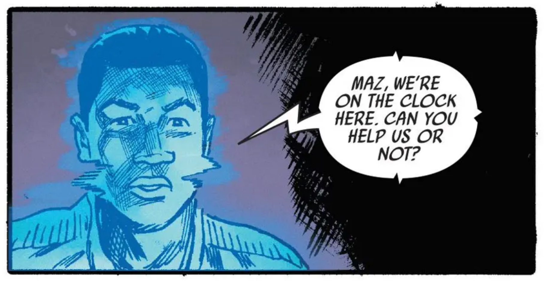 Poe Dameron in a Star Wars comic panel: "Maz, we're on the clock here. Can you help us or not?"