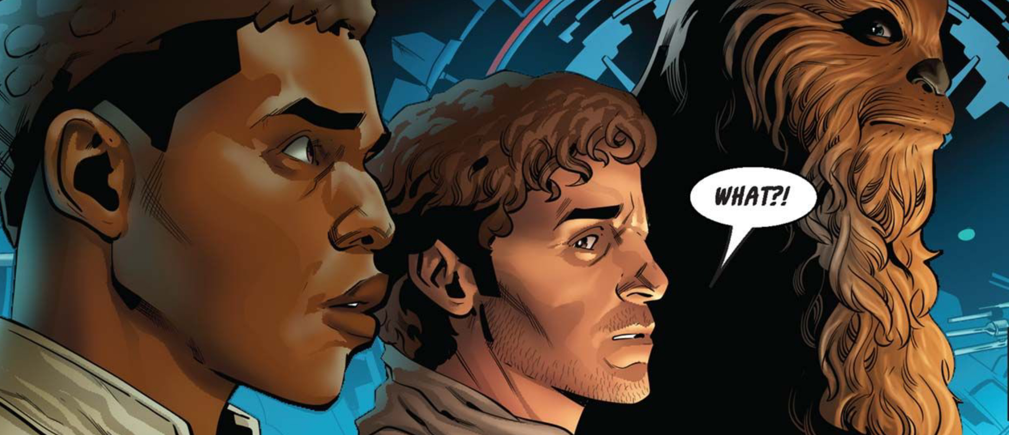 Finn & Poe Dameron in a Star Wars comic panel: "What?!"
