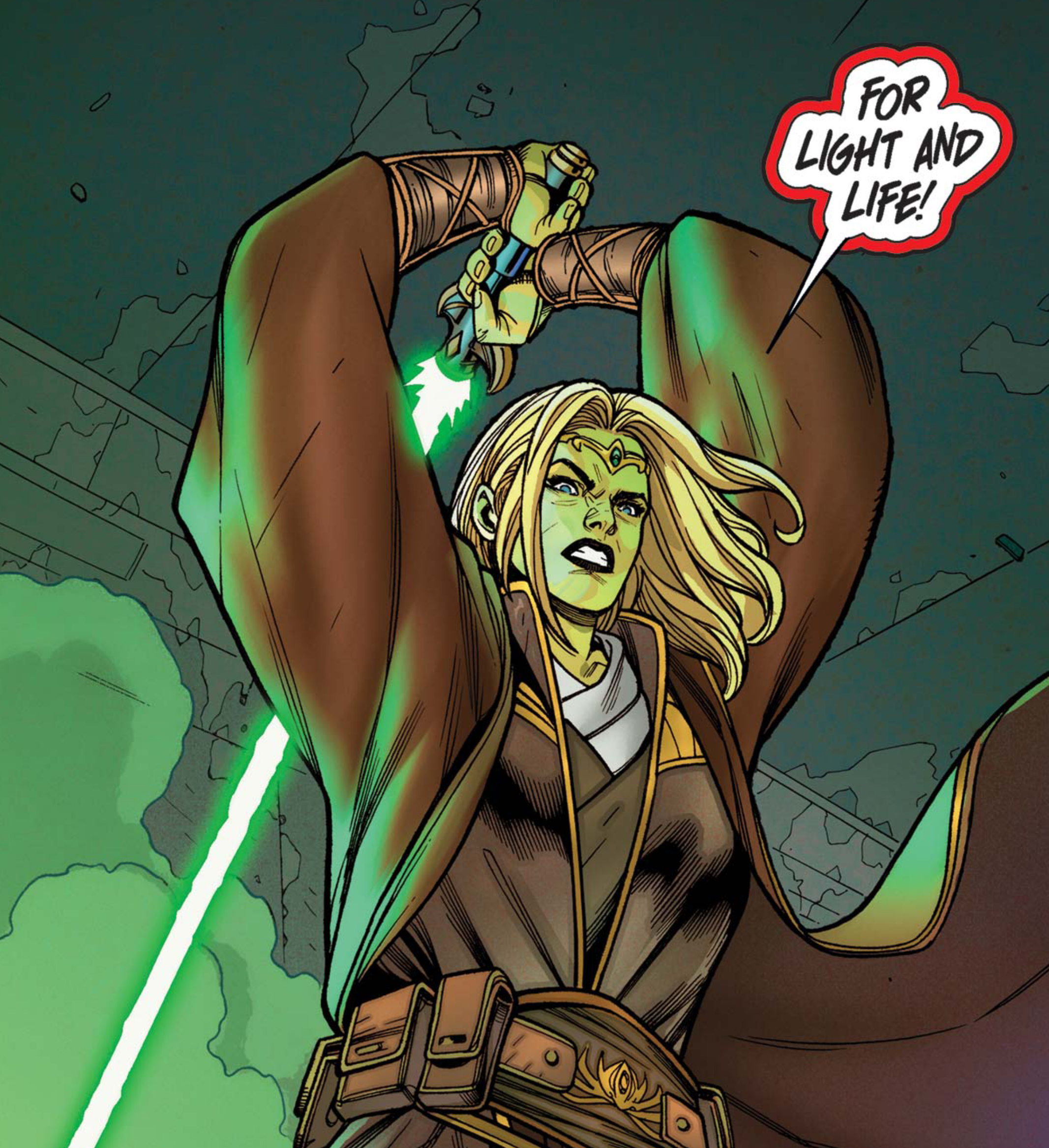Avar Kriss in a Star Wars comic panel: "For light and life!"