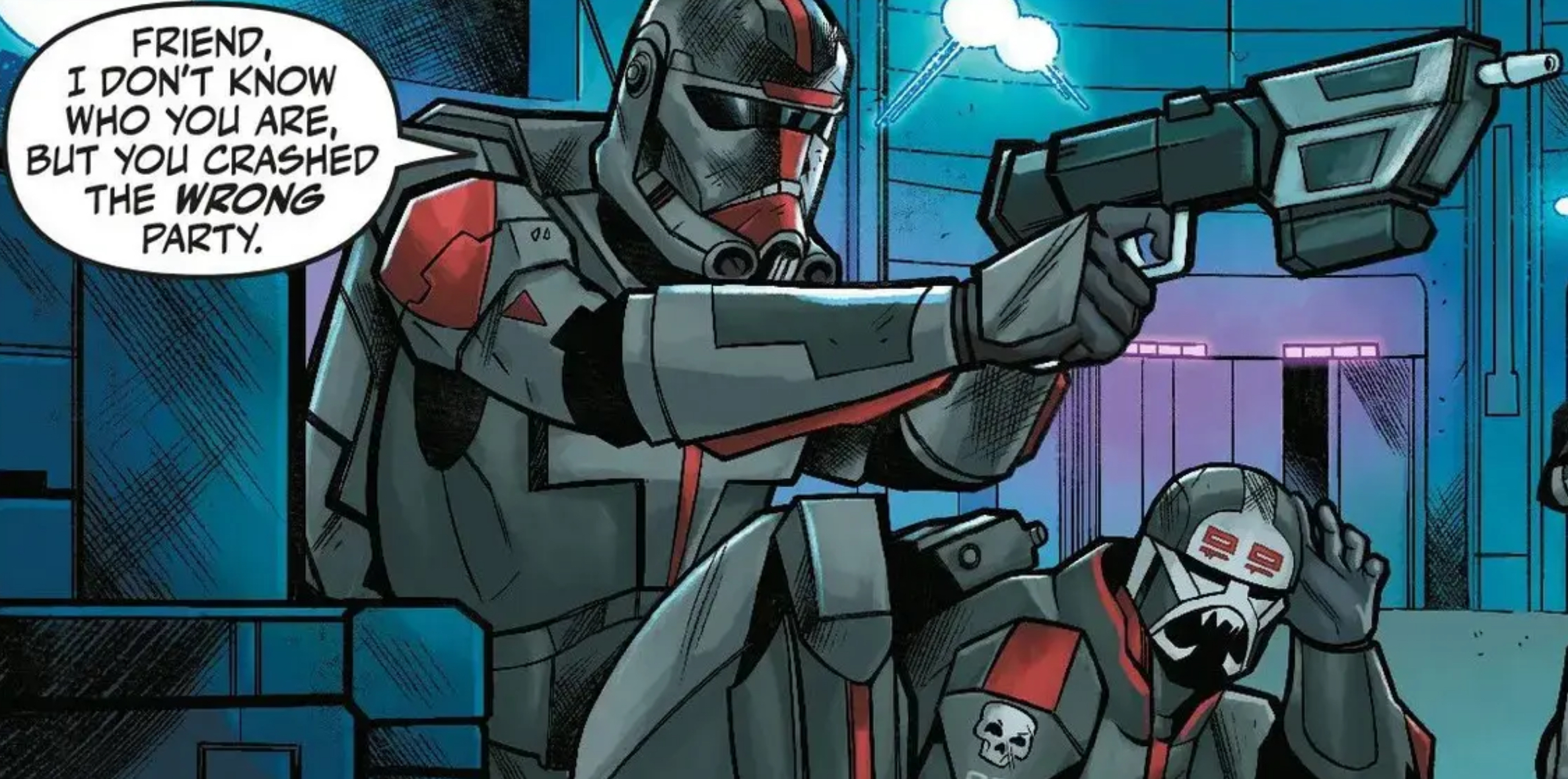 Hunter & Wrecker in a Star Wars comic panel: "Friend, I don’t know who you are, but you crashed the wrong party."