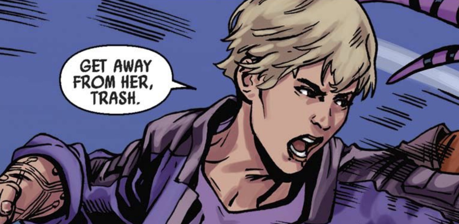 Luke Skywalker in a Star Wars comic panel: "Get away from her, trash."