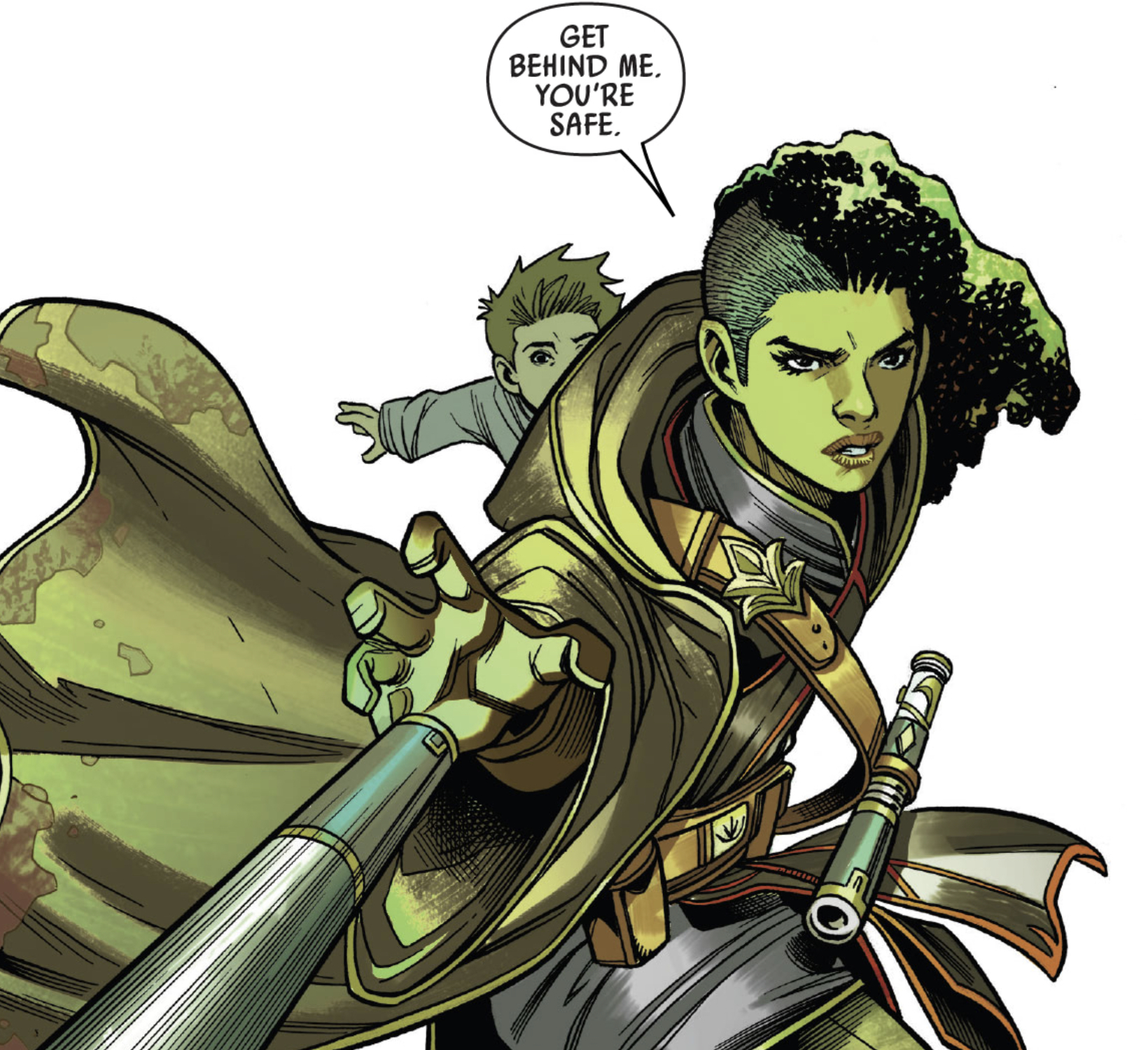 Lula Talisola & Farzala Tarabal in a Star Wars comic panel: "Get behind me. You're safe."