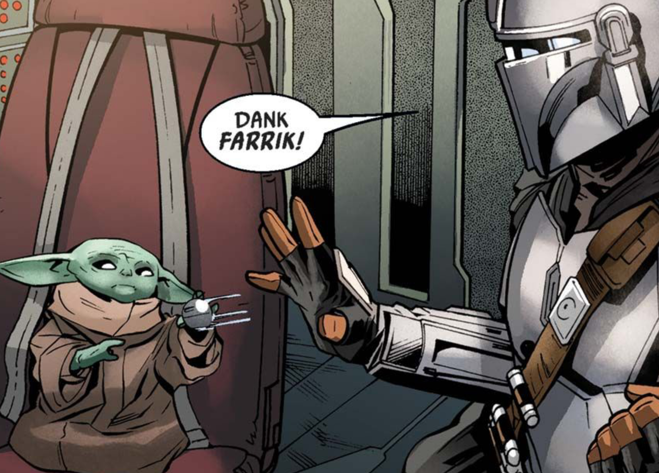 Grogu & Din Djarin in a Star Wars comic panel: "Dank farrik!"