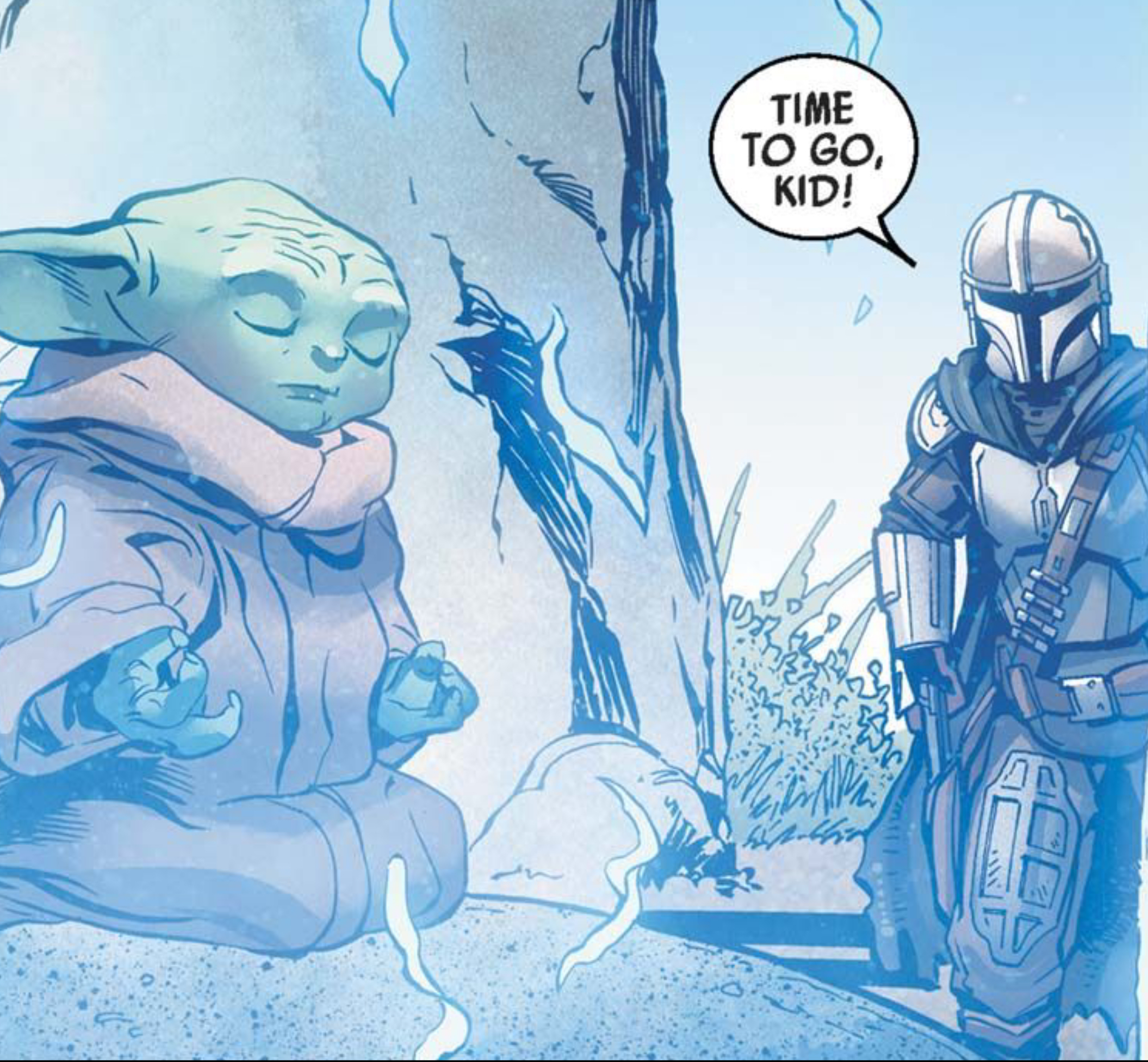 Grogu & Din Djarin in a Star Wars comic panel: "Time to go, kid!"