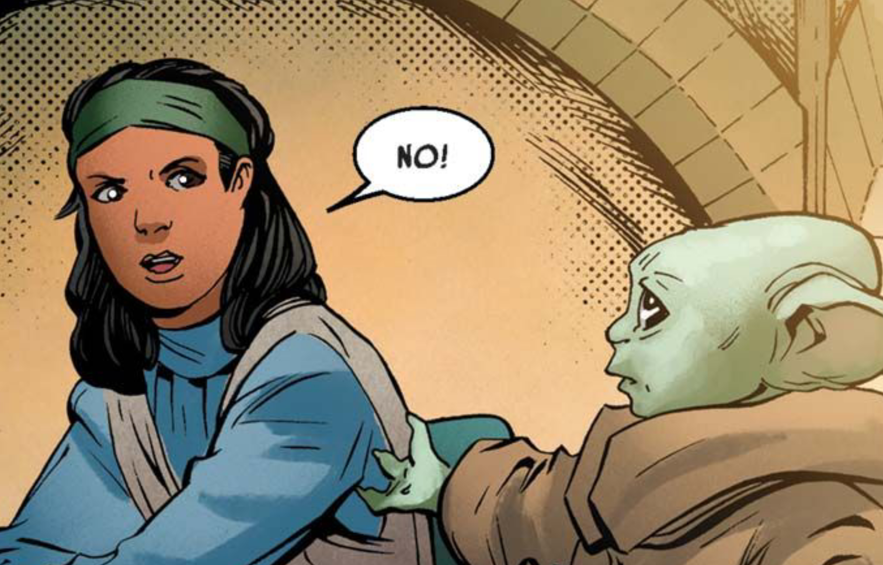 Grogu in a Star Wars comic panel: "No!"
