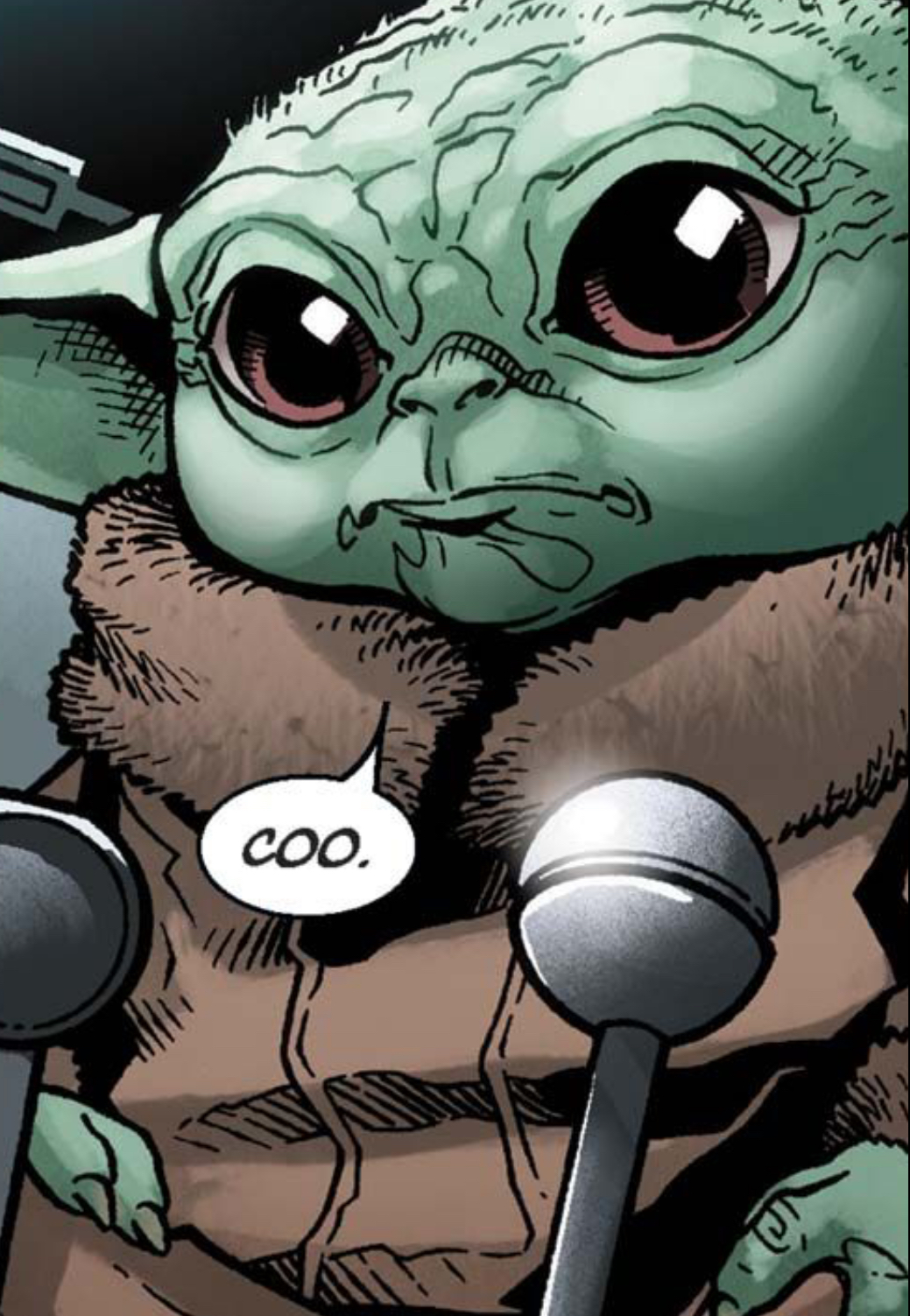 Grogu in a Star Wars comic panel: "Coo."