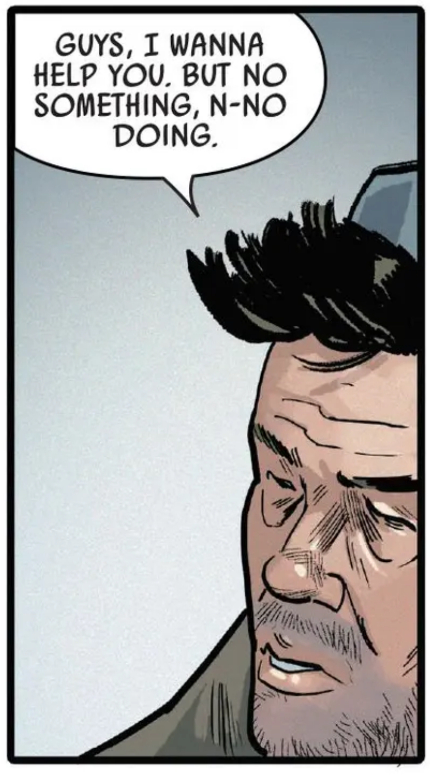 Poe Dameron in a Star Wars comic panel: "Guys, I wanna help you. But no something, n-no doing."