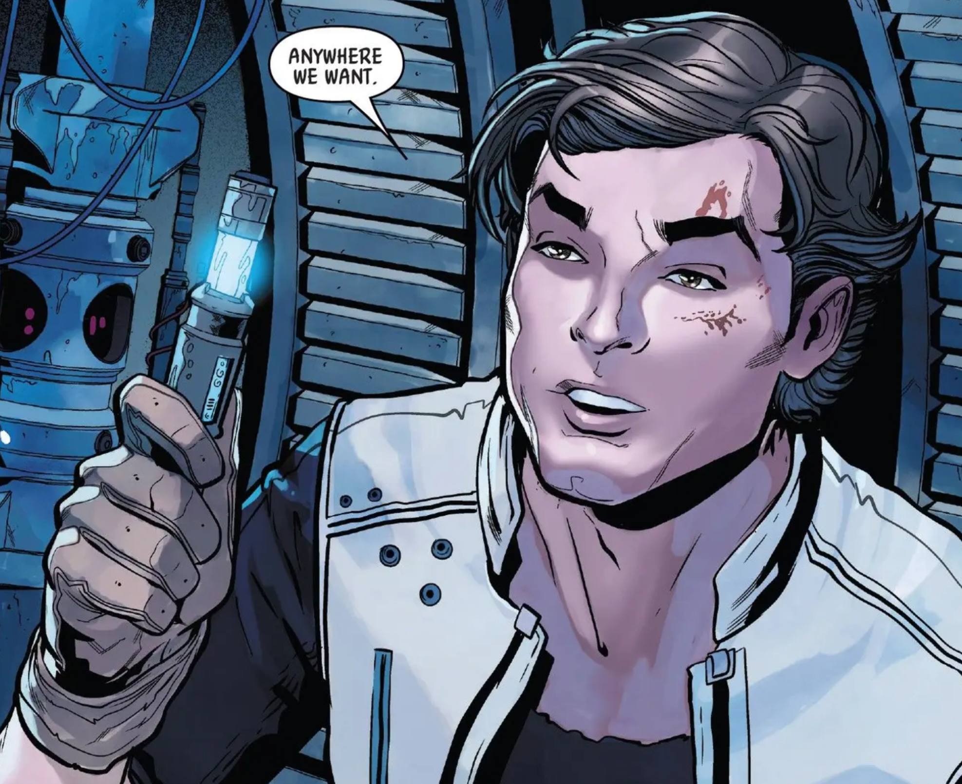 Han Solo in a Star Wars comic panel: "Anywhere we want."