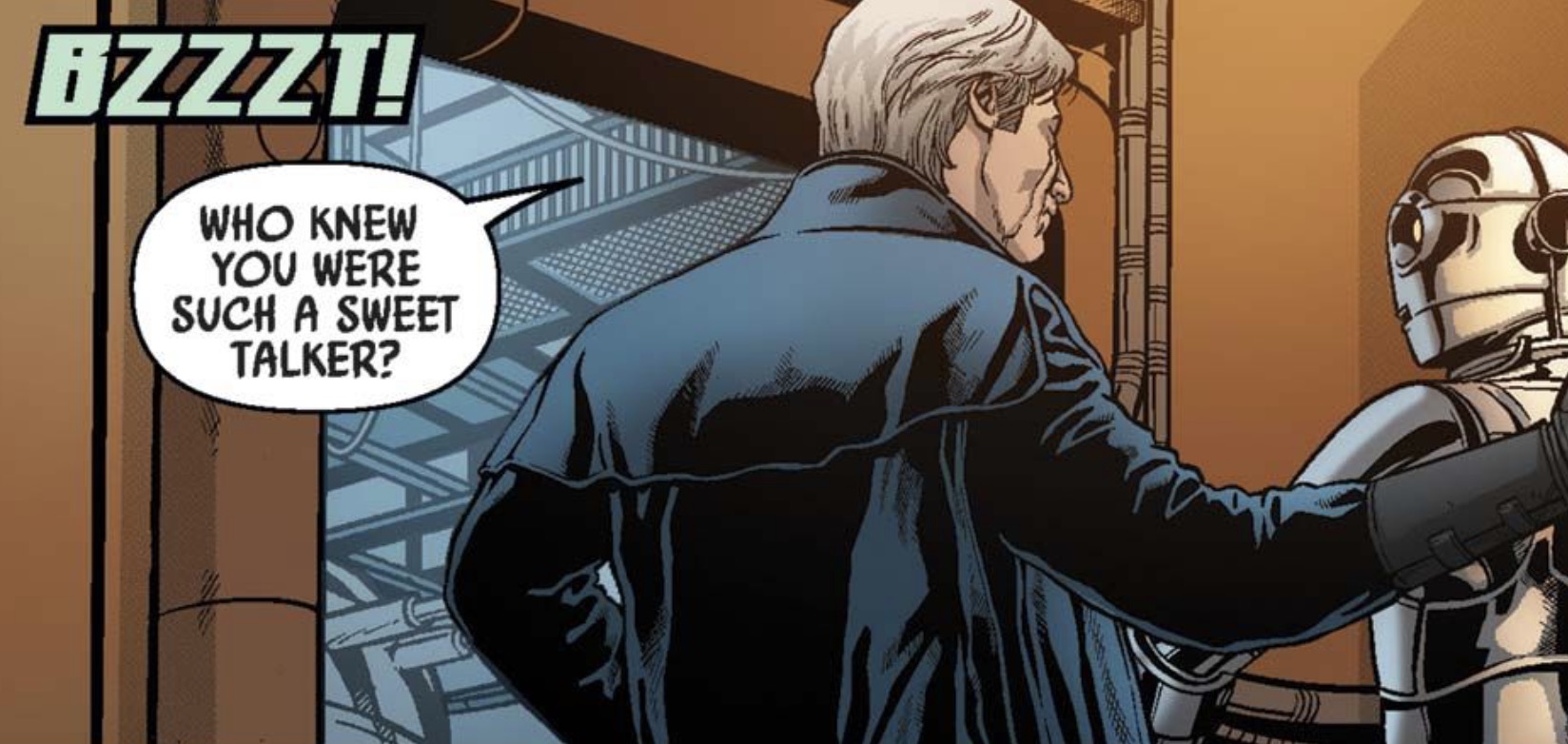 Han Solo in a Star Wars comic panel: "Who knew you were such a sweet talker?"